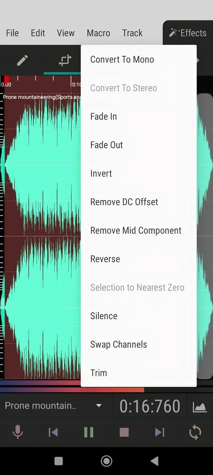 Giao diện sử dụng chức năng chỉnh sửa âm thanh trên ứng dụng WaveEditor Android