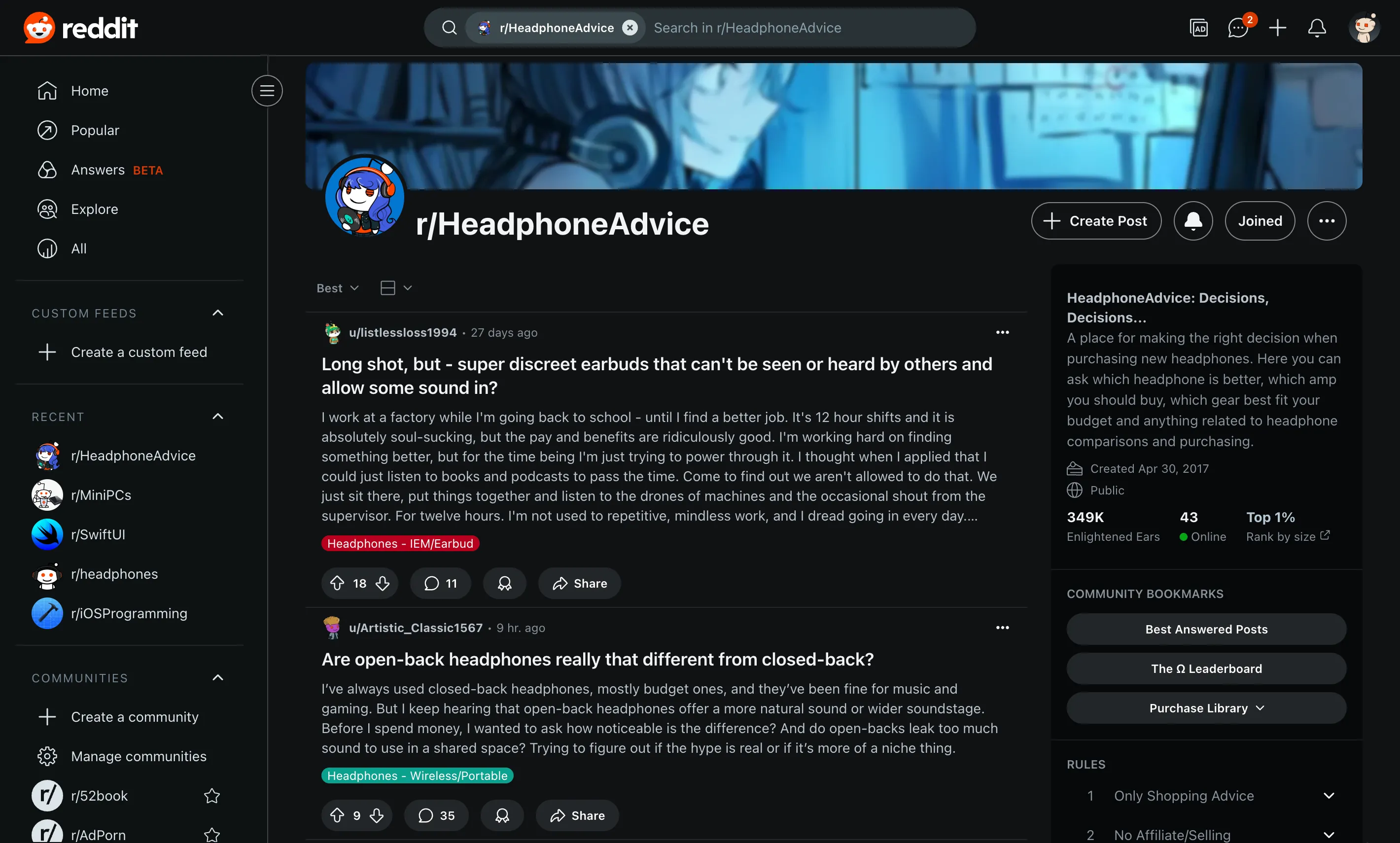 Giao diện subreddit r/HeadphoneAdvice trên Reddit, minh họa cộng đồng chuyên về tư vấn tai nghe
