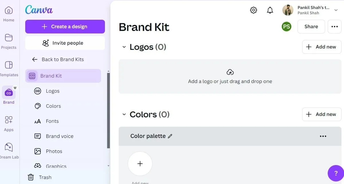 Giao diện tab &quot;Brand Kit&quot; trong Canva, nơi quản lý màu sắc, phông chữ và logo thương hiệu hiệu quả.