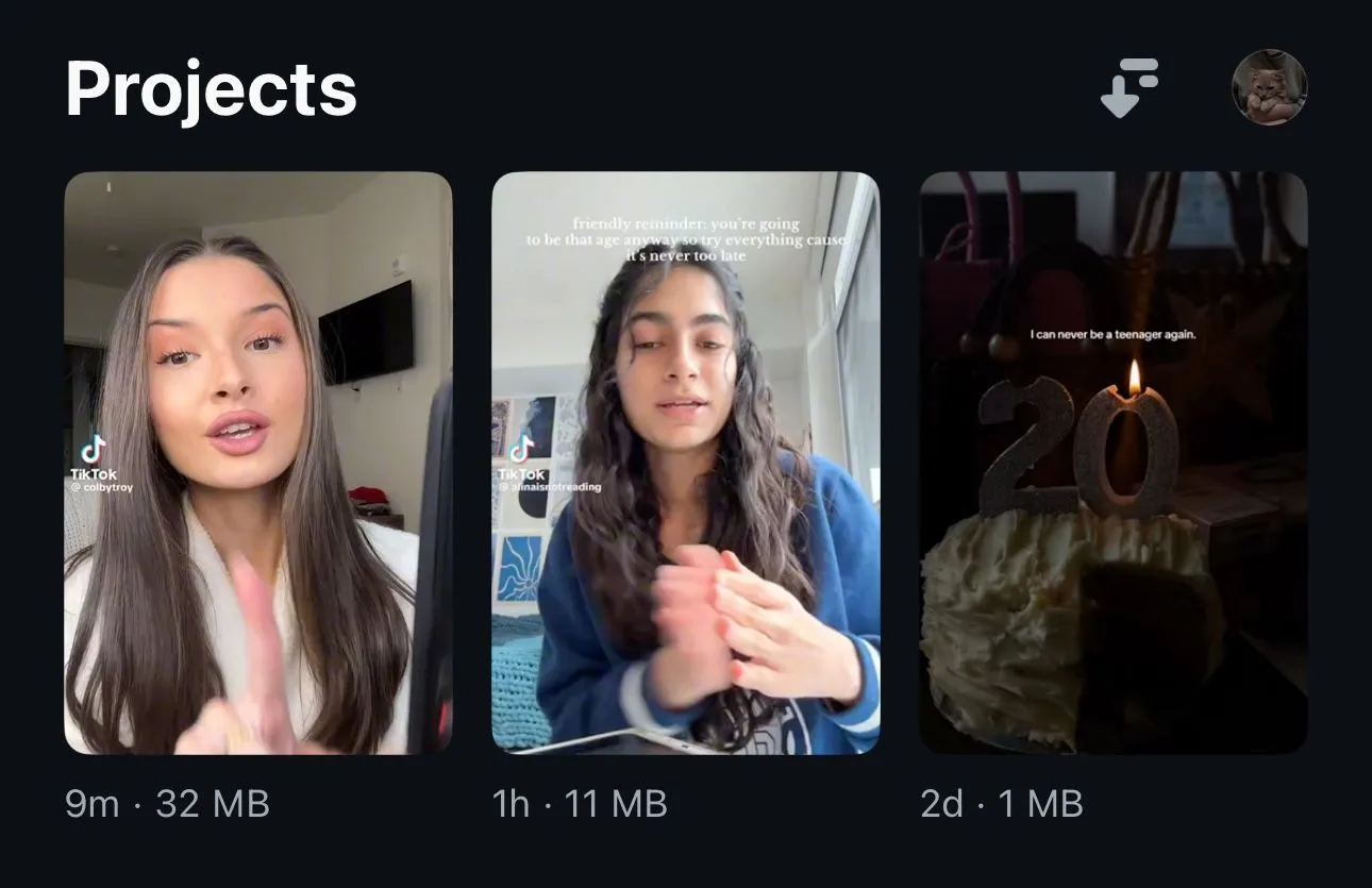 Giao diện tab Dự Án (Projects) của Instagram Edits, nơi người dùng quản lý và sắp xếp các video đang chỉnh sửa.