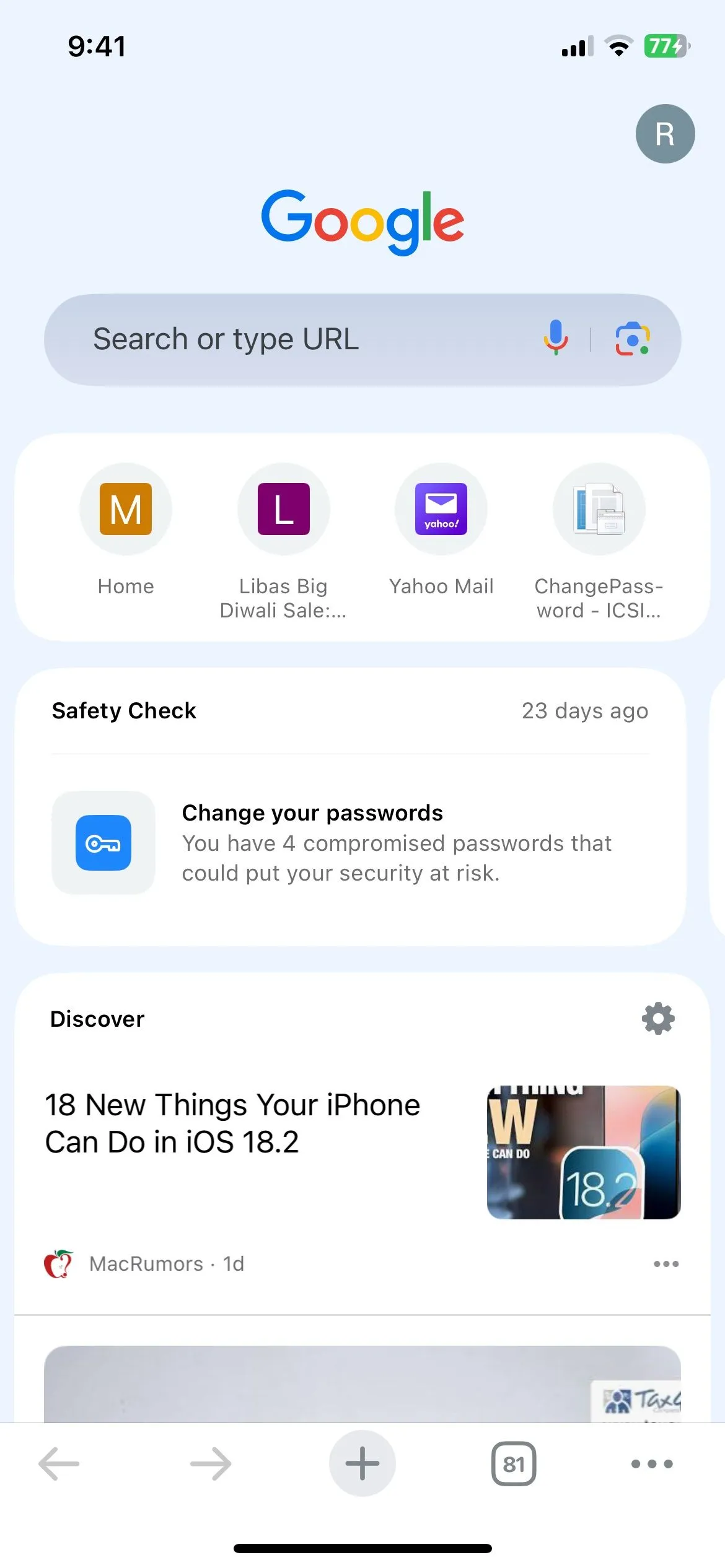 Giao diện tab mới của trình duyệt Chrome trên iPhone với bố cục trực quan