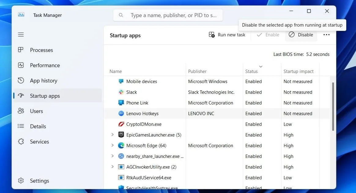 Giao diện tab &quot;Startup apps&quot; (Ứng dụng khởi động) trong Task Manager của Windows 11