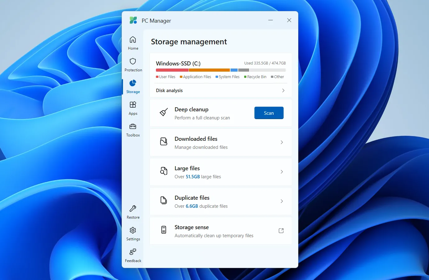 Giao diện tab &quot;Storage&quot; của Microsoft PC Manager giúp quản lý và dọn dẹp ổ đĩa