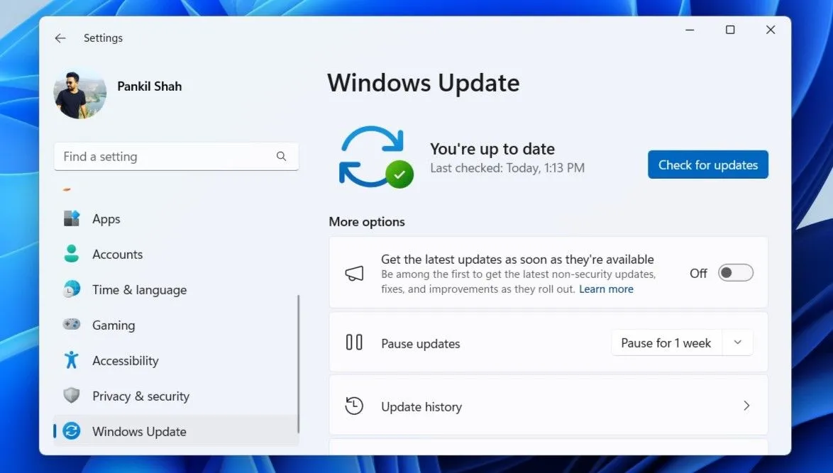 Giao diện tab &quot;Windows Update&quot; trong ứng dụng Cài đặt của Windows