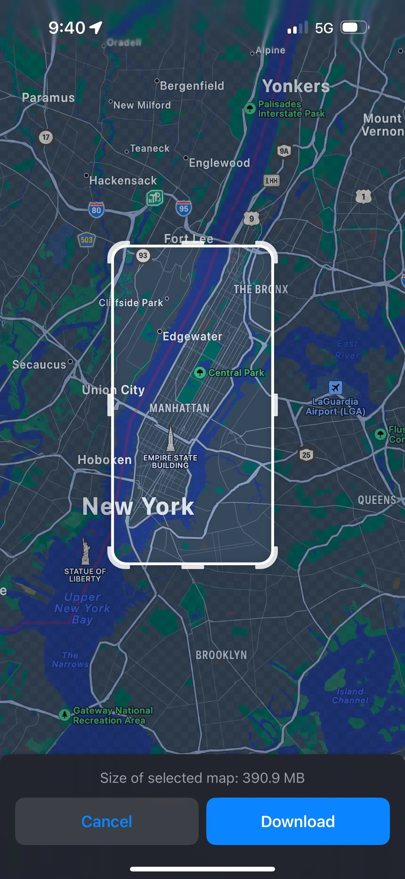 Giao diện tải bản đồ ngoại tuyến của thành phố New York trong ứng dụng Apple Maps trên iOS 17