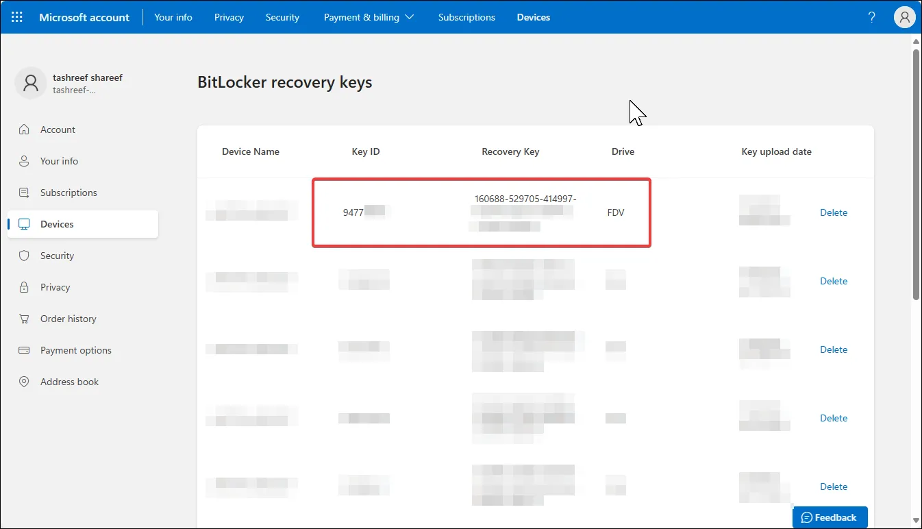 Giao diện tài khoản Microsoft hiển thị danh sách các khóa khôi phục BitLocker đã lưu trữ