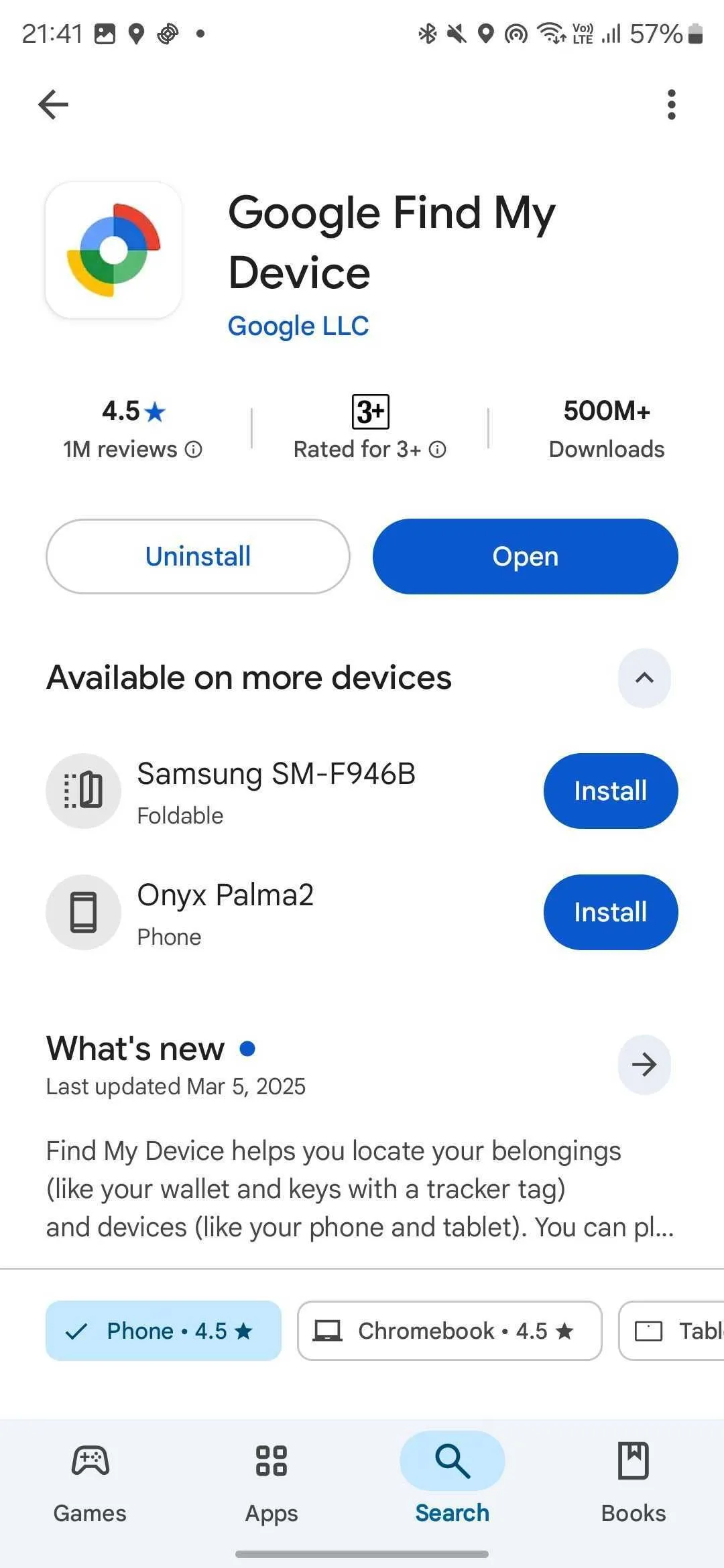 Giao diện tải và cài đặt ứng dụng Google Find My Device từ Google Play Store