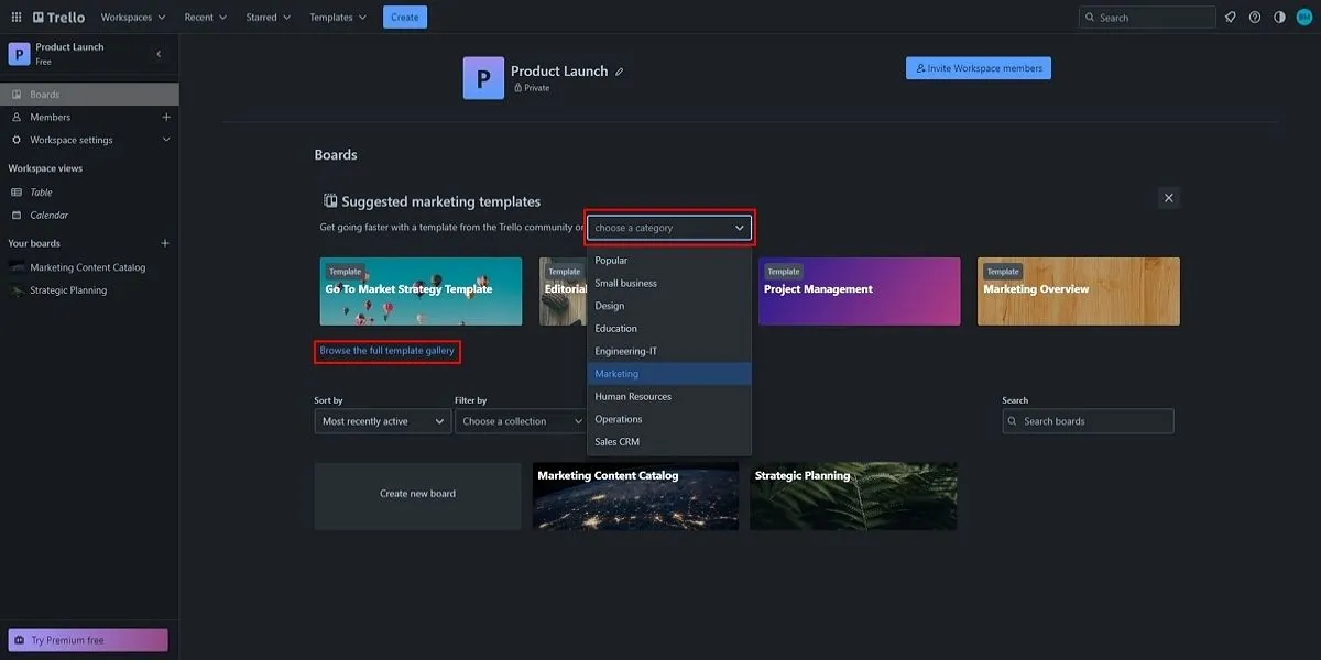 Giao diện tạo bảng Trello từ mẫu sẵn có để quản lý dự án hiệu quả