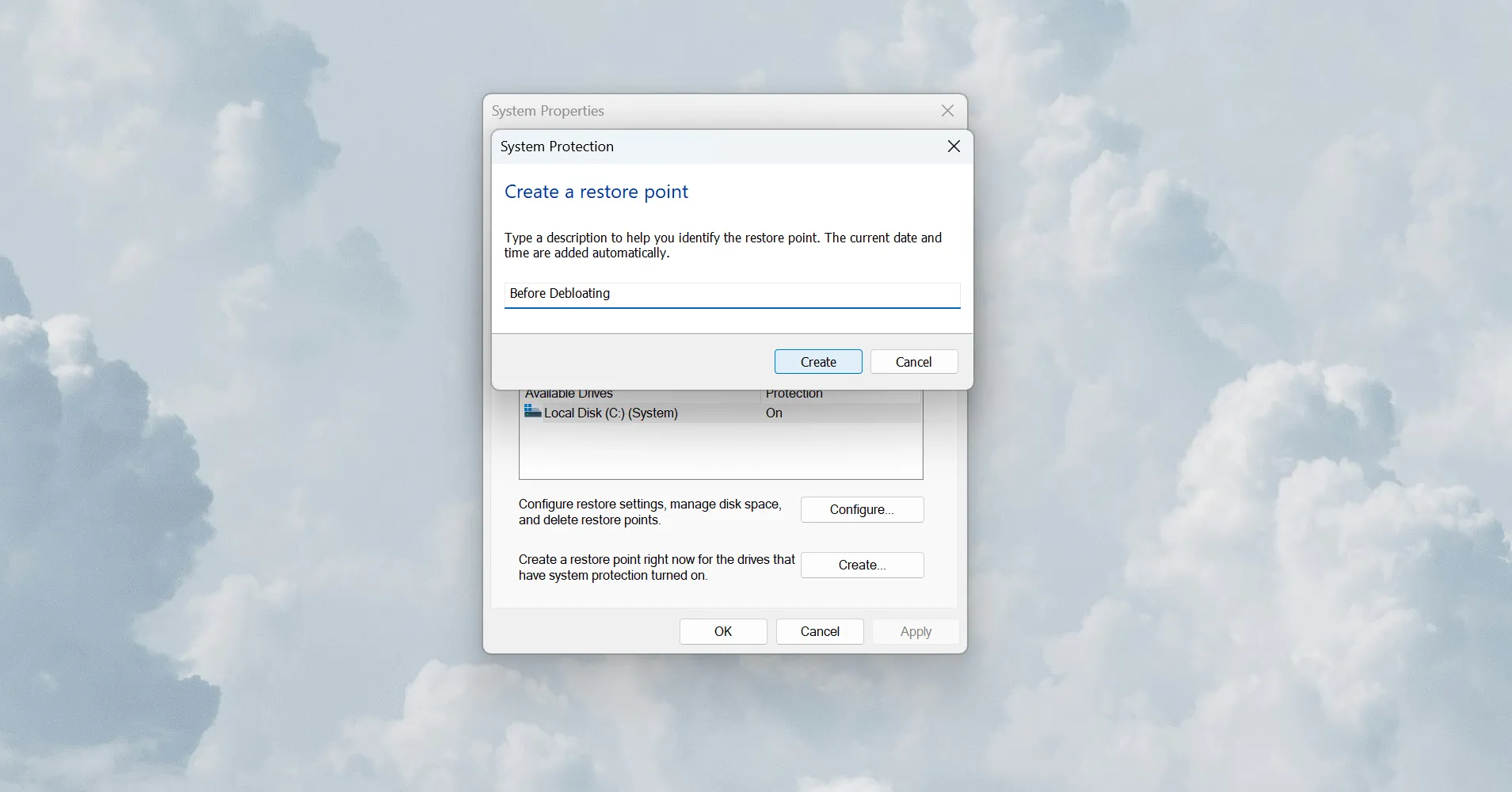 Giao diện tạo điểm khôi phục hệ thống (System Restore Point) trên Windows trước khi gỡ bloatware