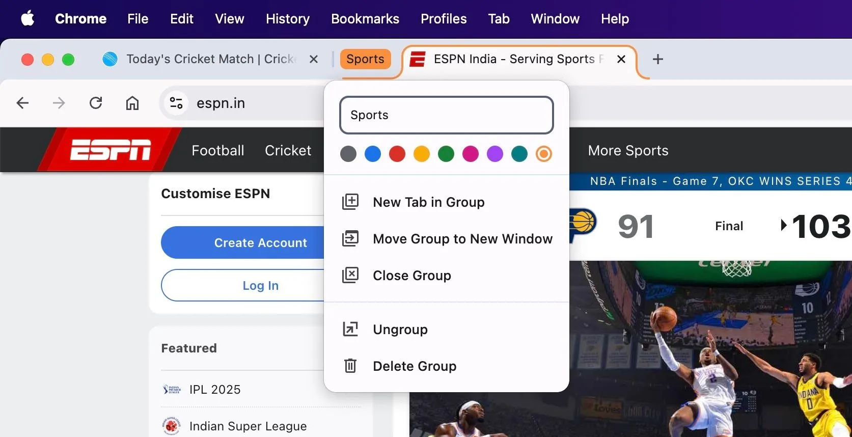 Giao diện tạo nhóm tab mới trong Chrome trên macOS, cho phép người dùng đặt tên và lựa chọn màu sắc để dễ dàng quản lý các thẻ duyệt web.