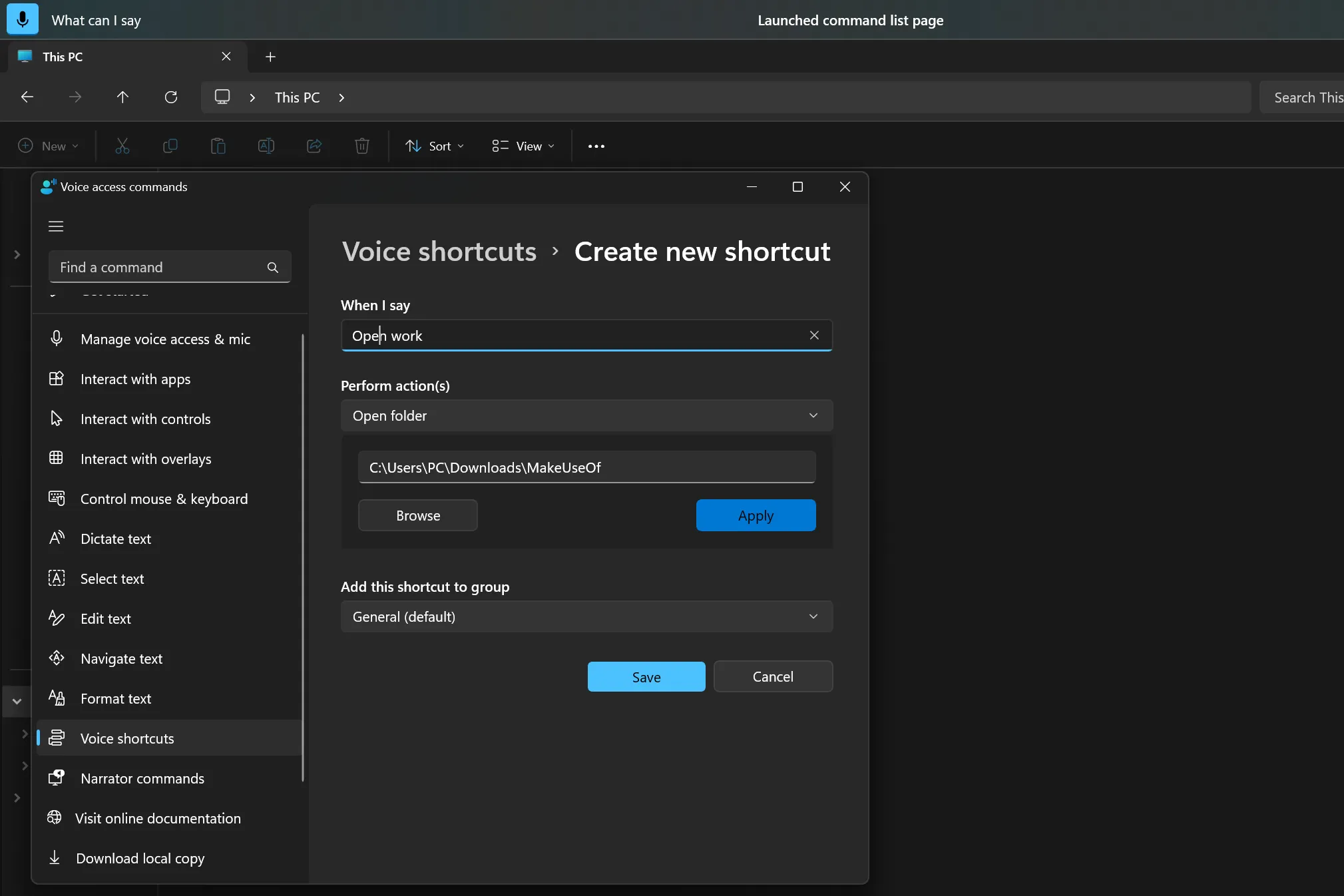 Giao diện tạo phím tắt giọng nói tùy chỉnh mới trong Voice Access, Windows 11.