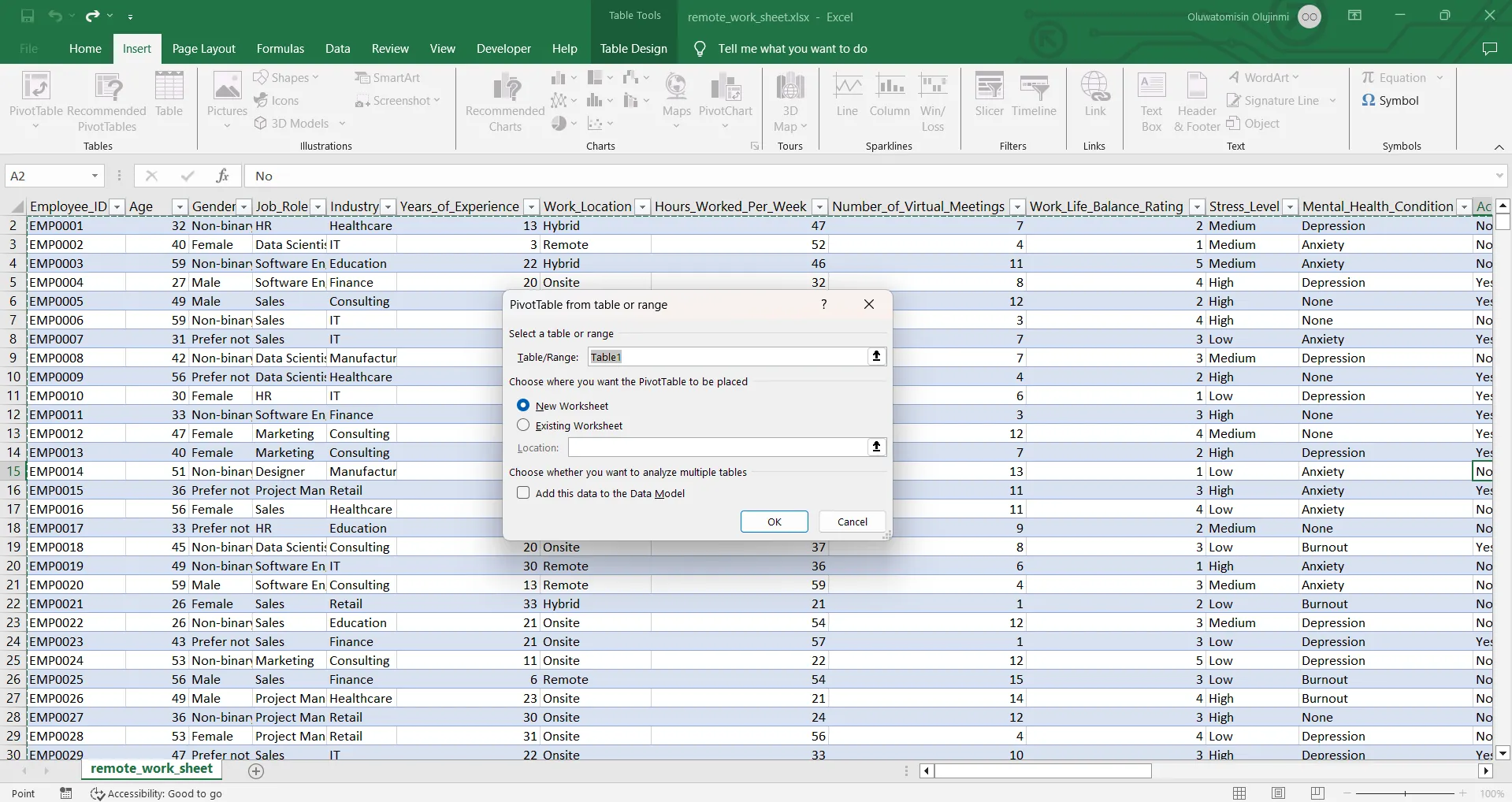 Giao diện tạo Pivot Table trong Excel, cho thấy khả năng phân tích dữ liệu lớn và linh hoạt.