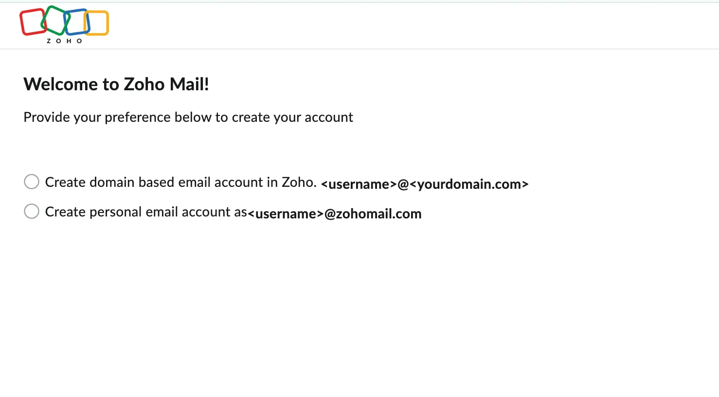 Giao diện tạo tài khoản Zoho Mail với tùy chọn đăng ký
