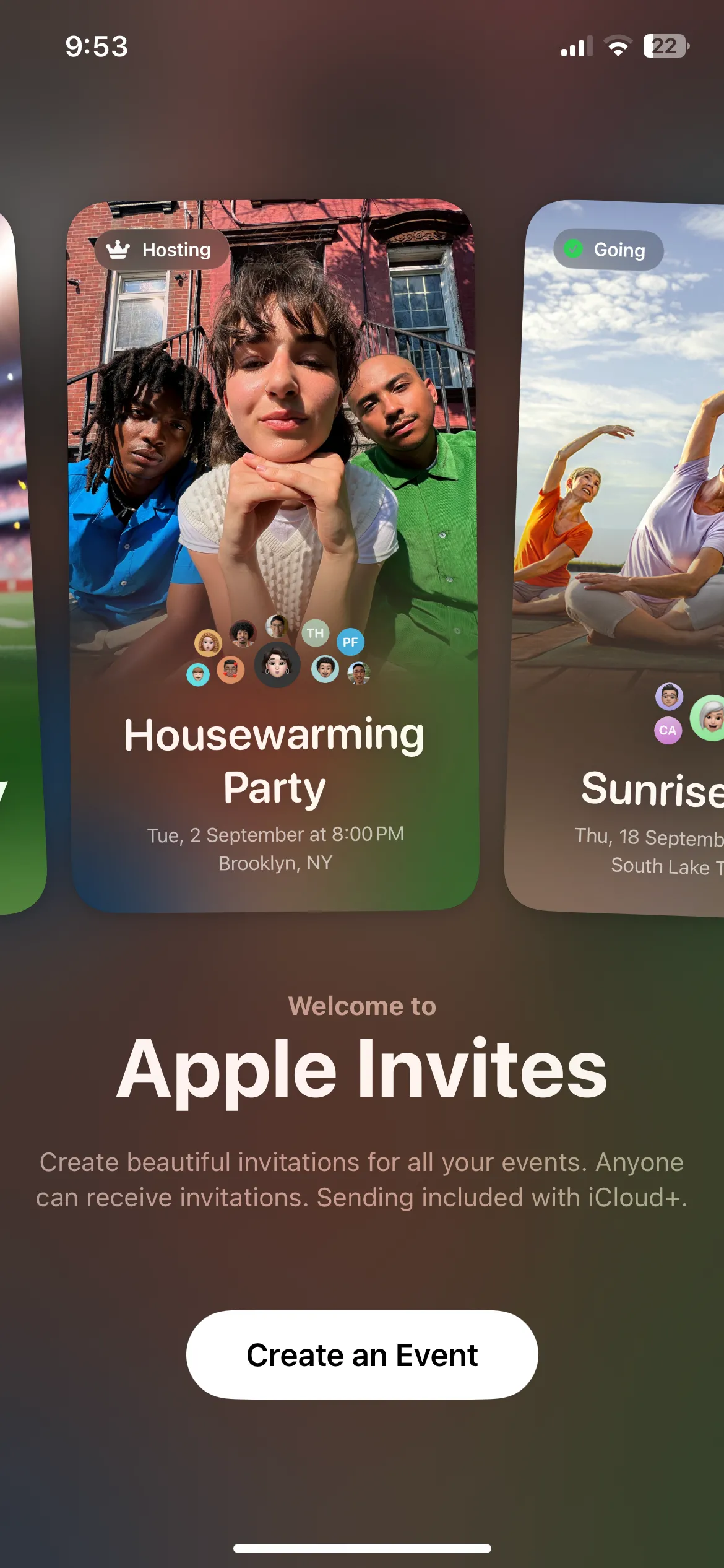 Giao diện tạo và quản lý thiệp mời kỹ thuật số trong ứng dụng Apple Invites trên iPhone