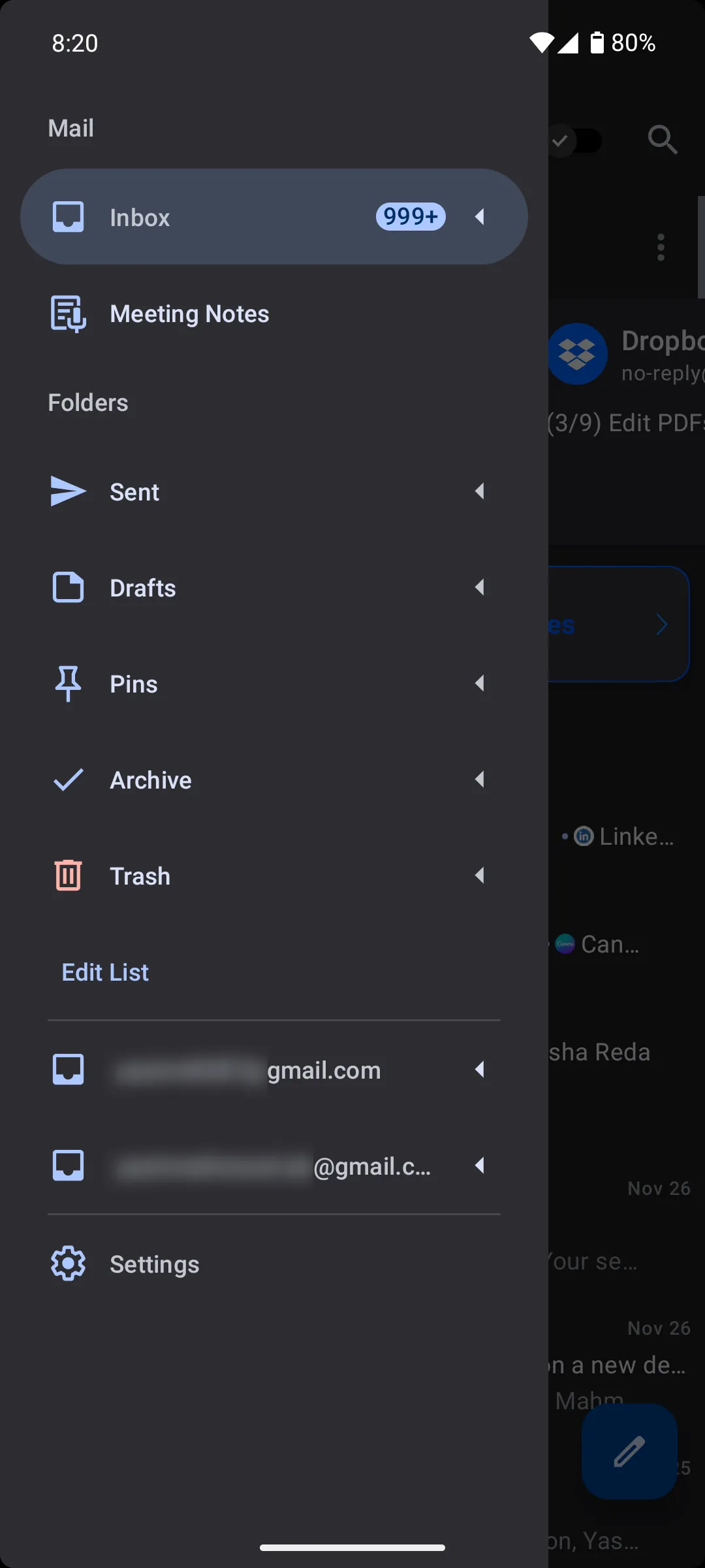 Giao diện thanh điều hướng bên trái (sidebar) của ứng dụng Spark Mail trên Android, hiển thị các thư mục email chính.
