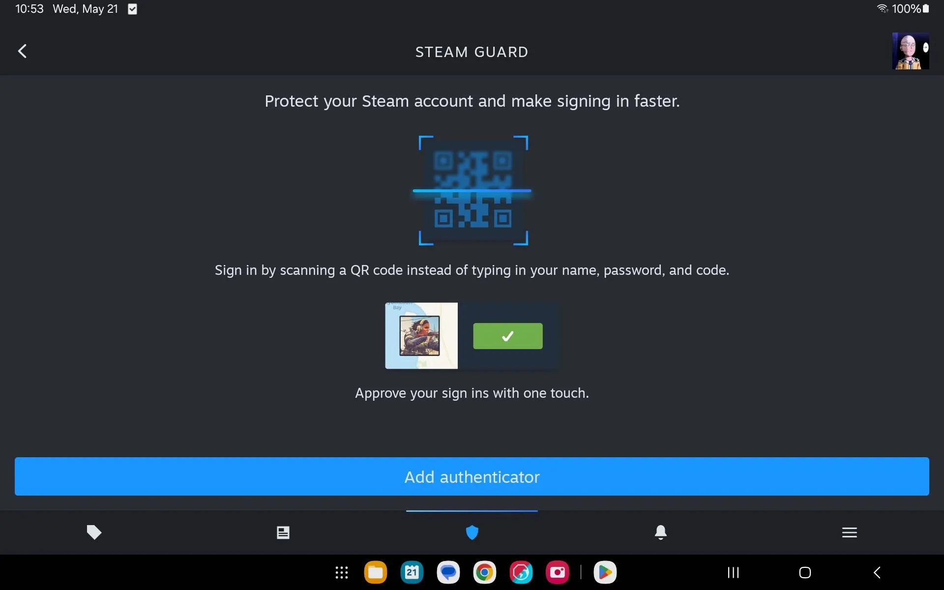 Giao diện thêm bộ xác thực Steam Guard trên ứng dụng Steam Mobile