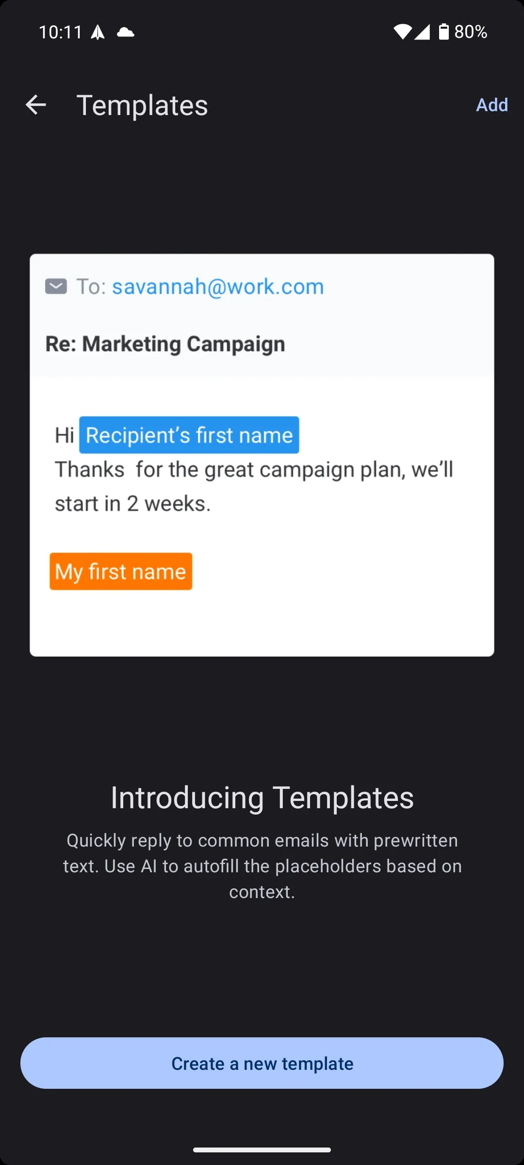Giao diện thêm mẫu email mới trong ứng dụng Spark Mail Android, hỗ trợ việc tạo phản hồi nhanh chóng và hiệu quả.