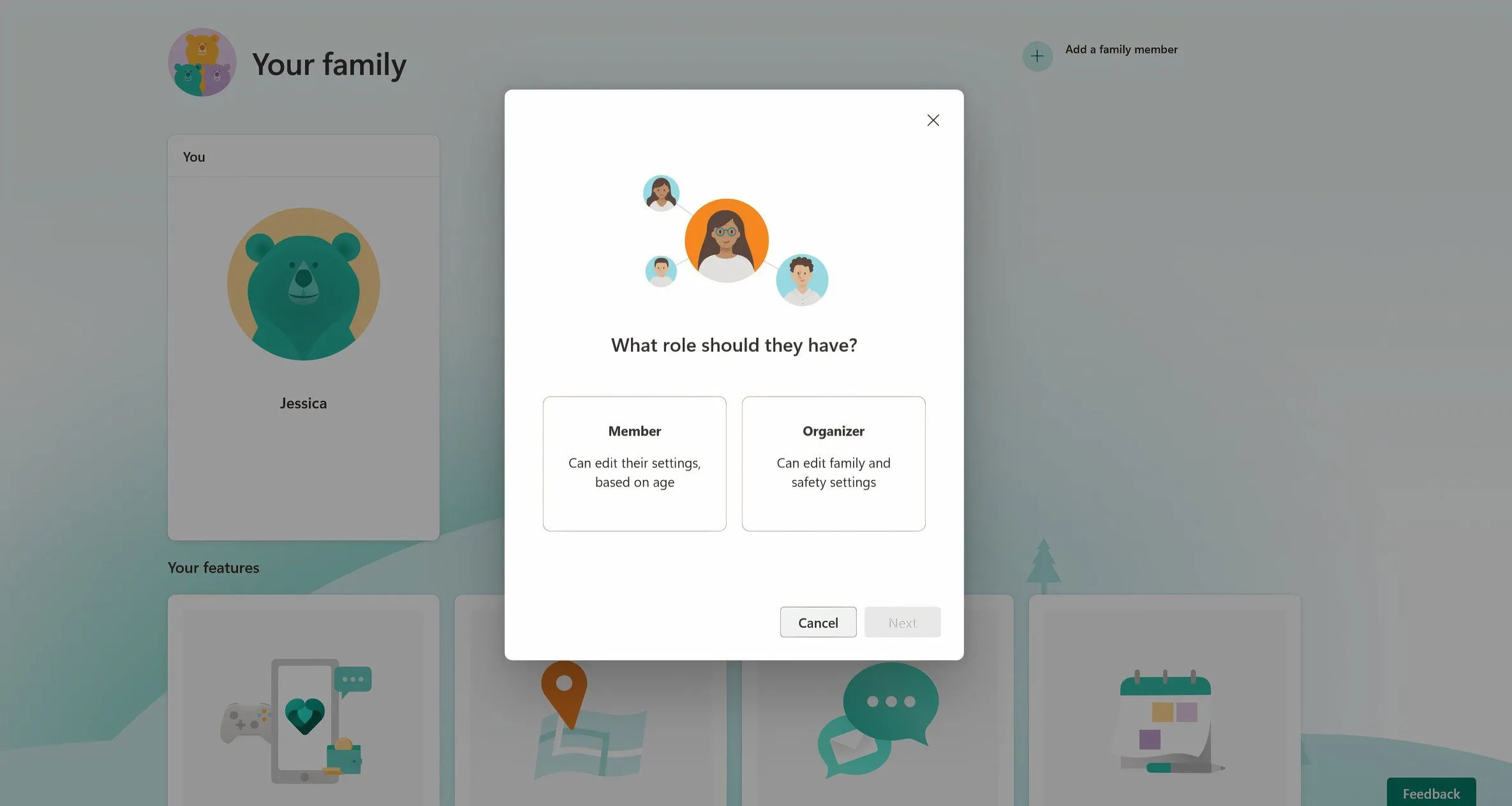 Giao diện thêm thành viên vào Microsoft Family Safety