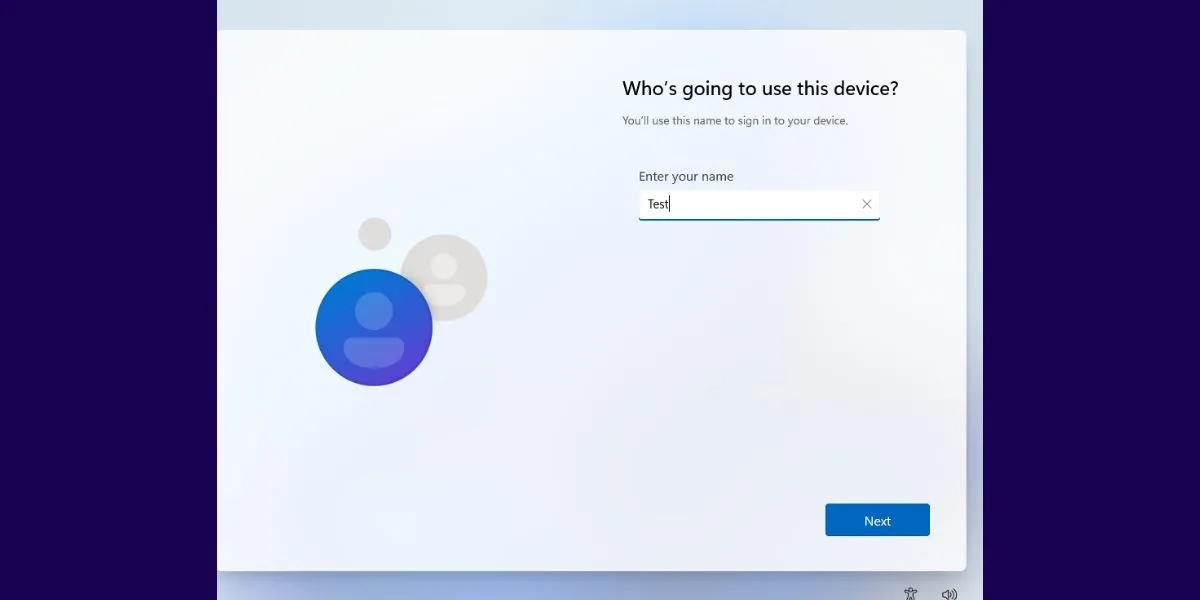 Giao diện thiết lập ban đầu (OOBE) của Windows 11, hiển thị tùy chọn tạo tên người dùng và câu hỏi bảo mật.
