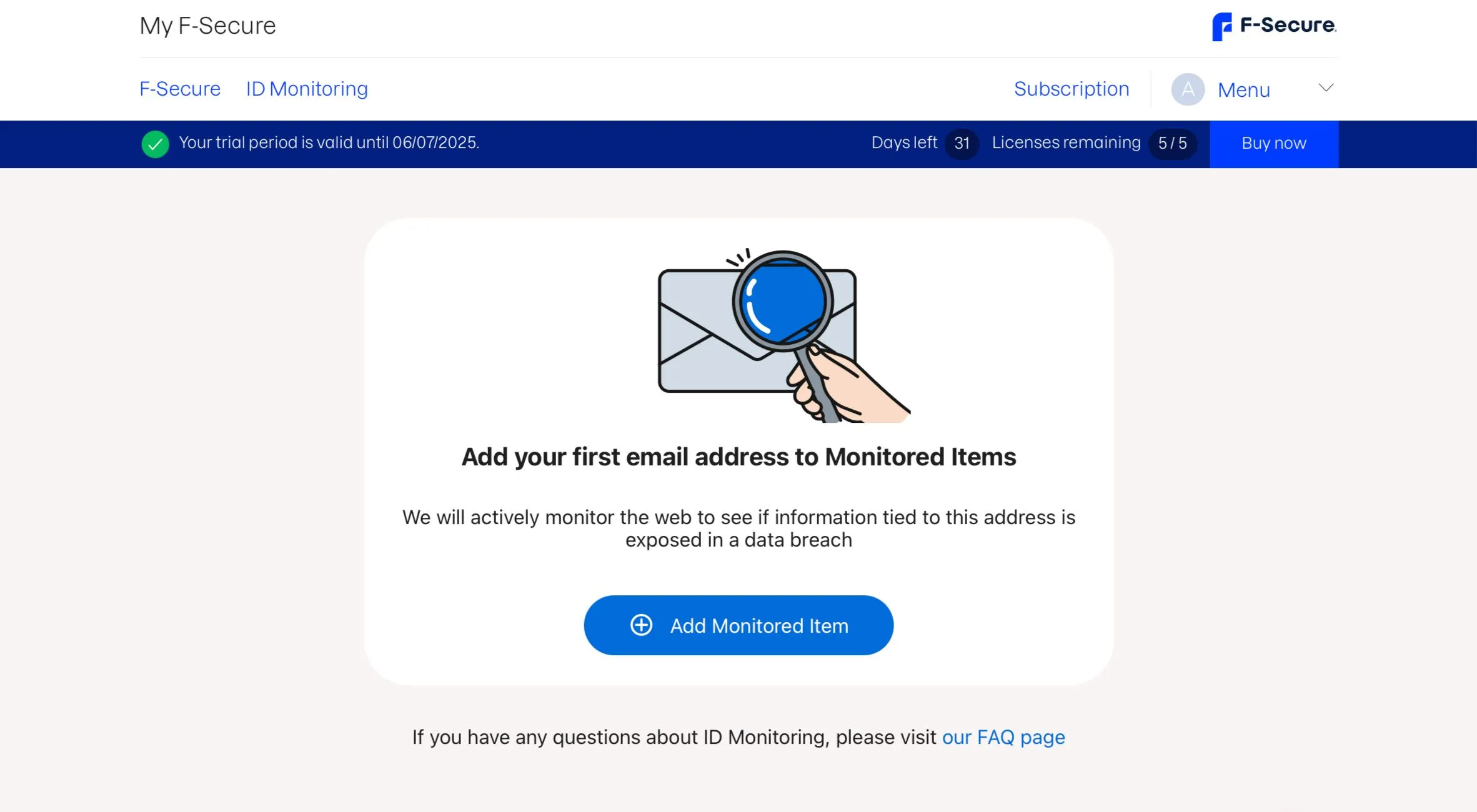 Giao diện thiết lập tính năng giám sát ID của F-Secure, nơi người dùng nhập địa chỉ email để theo dõi rò rỉ dữ liệu.
