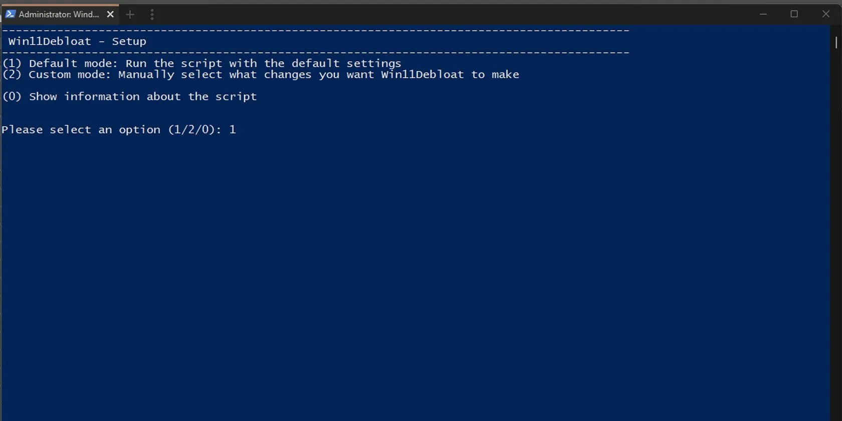 Giao diện thiết lập Win11Debloat thông qua PowerShell để gỡ bỏ bloatware trên Windows 11