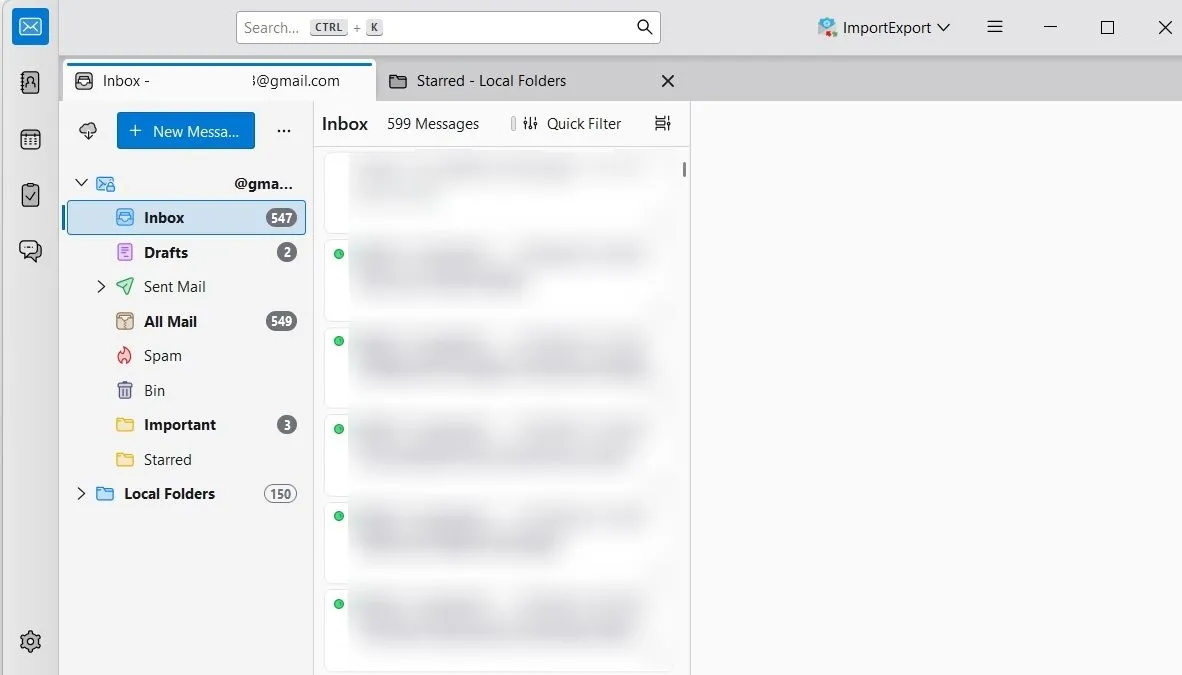 Giao diện Thunderbird với các tab Gmail và Thư mục cục bộ trong thanh bên