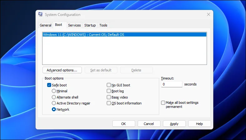 Giao diện tiện ích Cấu hình Hệ thống (MSConfig) trên Windows 11.