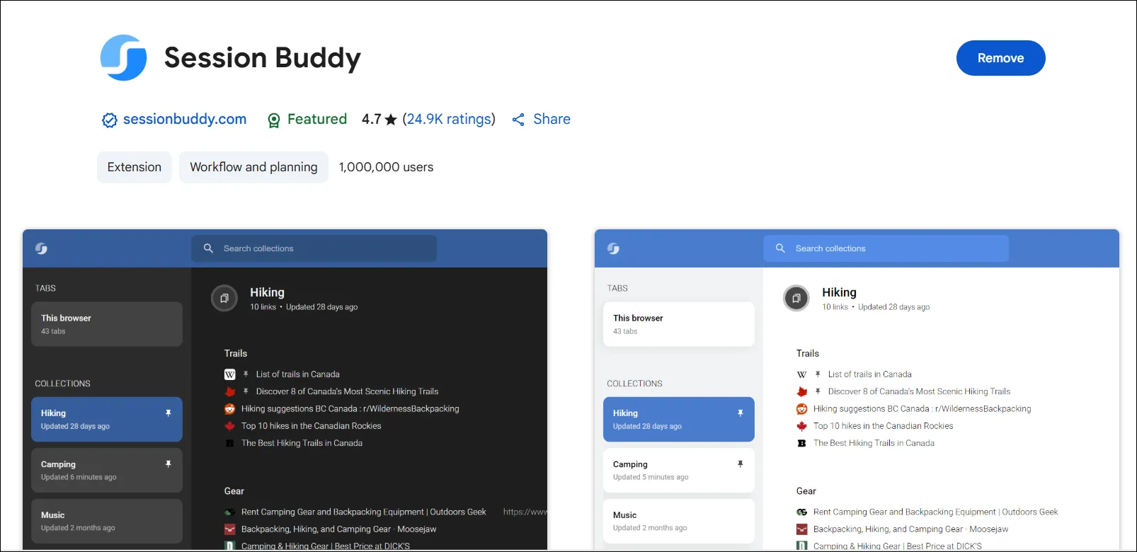 Giao diện tiện ích Session Buddy trên Google Chrome hiển thị danh sách các phiên duyệt web đã lưu, giúp quản lý và khôi phục các nhóm tab đã mở để tối ưu hiệu suất trình duyệt.