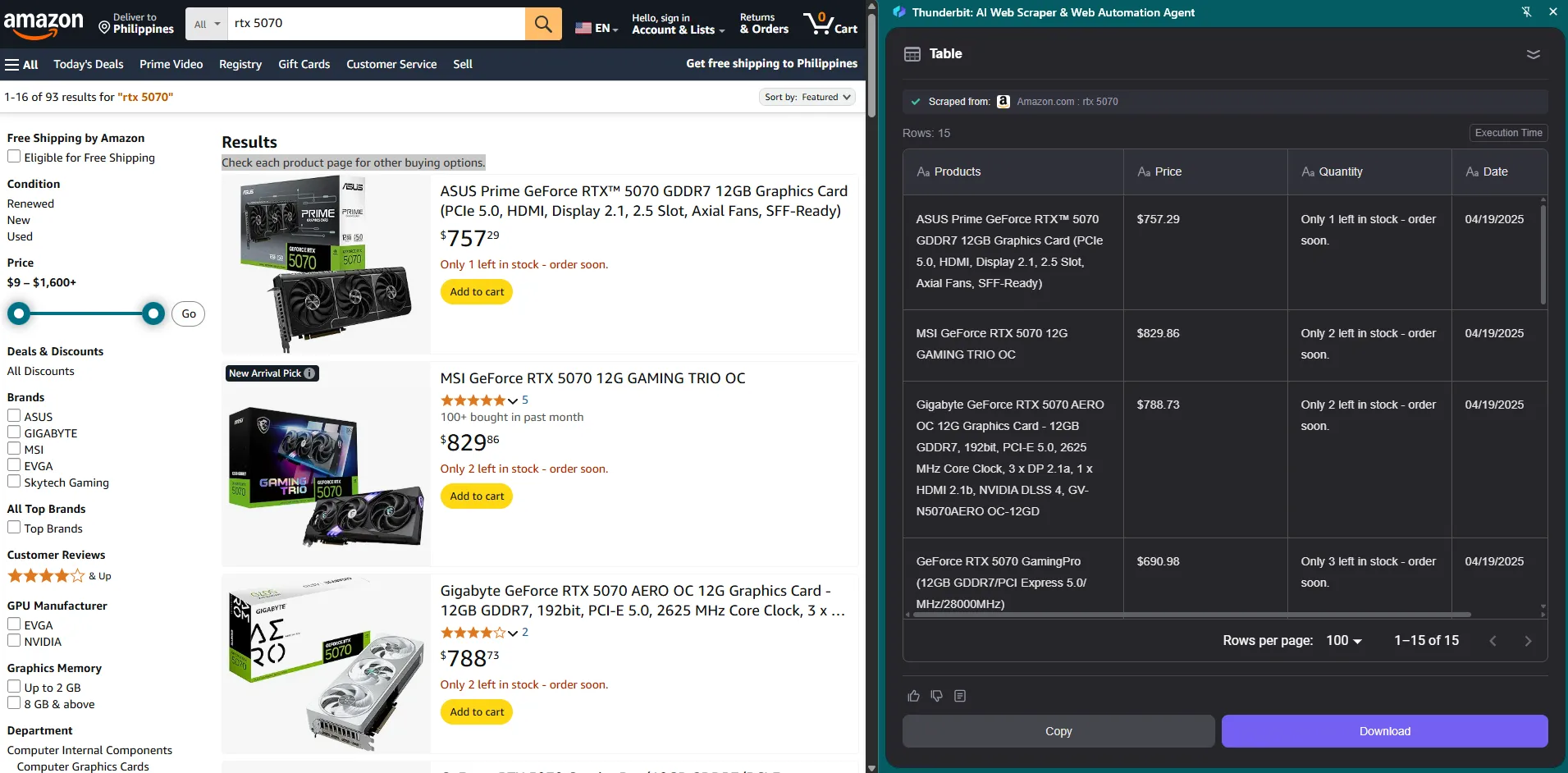 Giao diện tiện ích Thunderbit đang trích xuất dữ liệu sản phẩm từ trang Amazon, minh họa khả năng web scraping hiệu quả