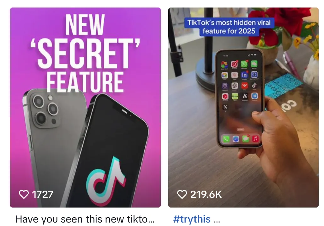 Giao diện TikTok với video quảng cáo ứng dụng bí mật hoặc tính năng độc quyền để lừa đảo người dùng.