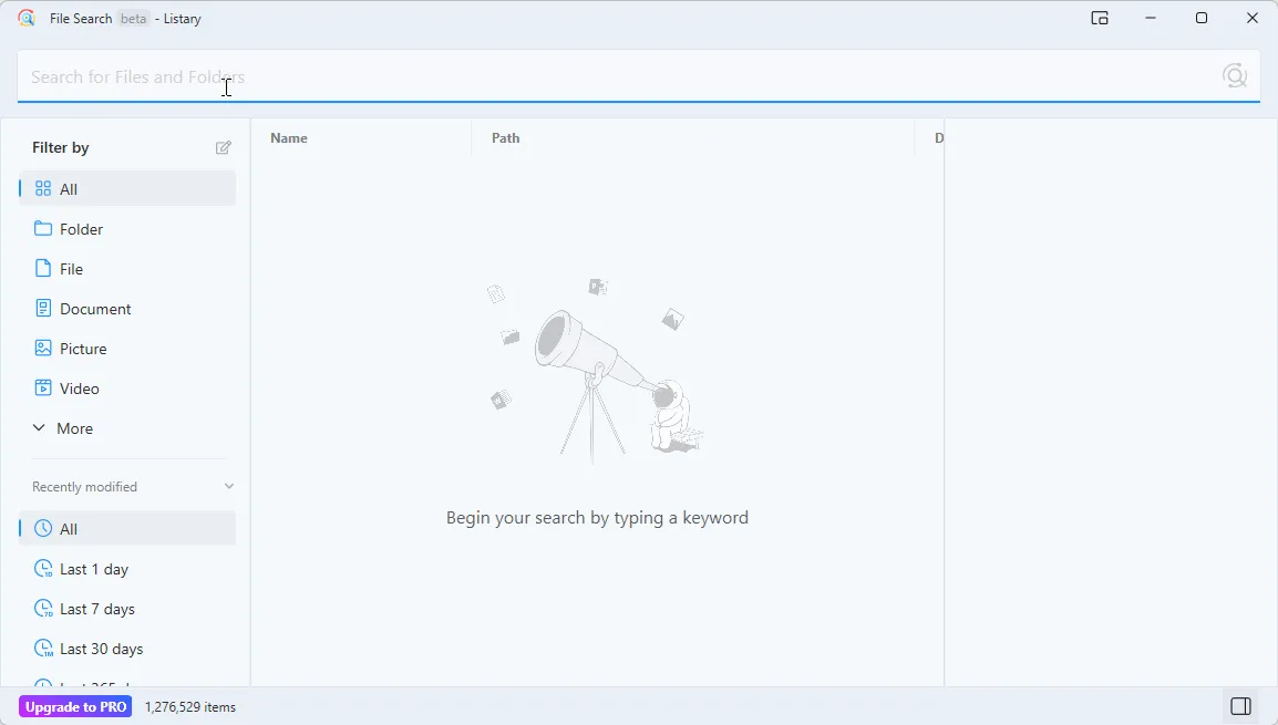 Giao diện tìm kiếm file và ứng dụng tức thời của Listary trên Windows