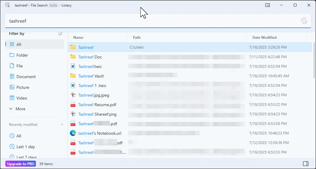 Giao diện tìm kiếm nhanh của Listary hiển thị kết quả tệp tin và thư mục trên Windows 11