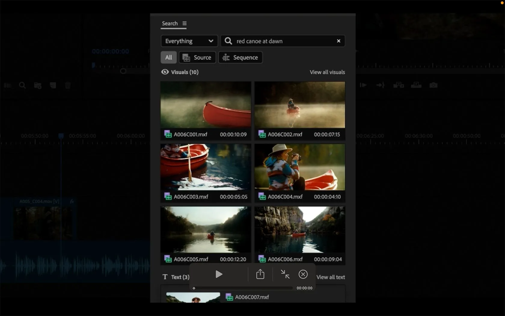 Giao diện tìm kiếm thông minh bằng AI trong Adobe Premiere Pro beta, cho phép lọc kết quả theo từ khóa