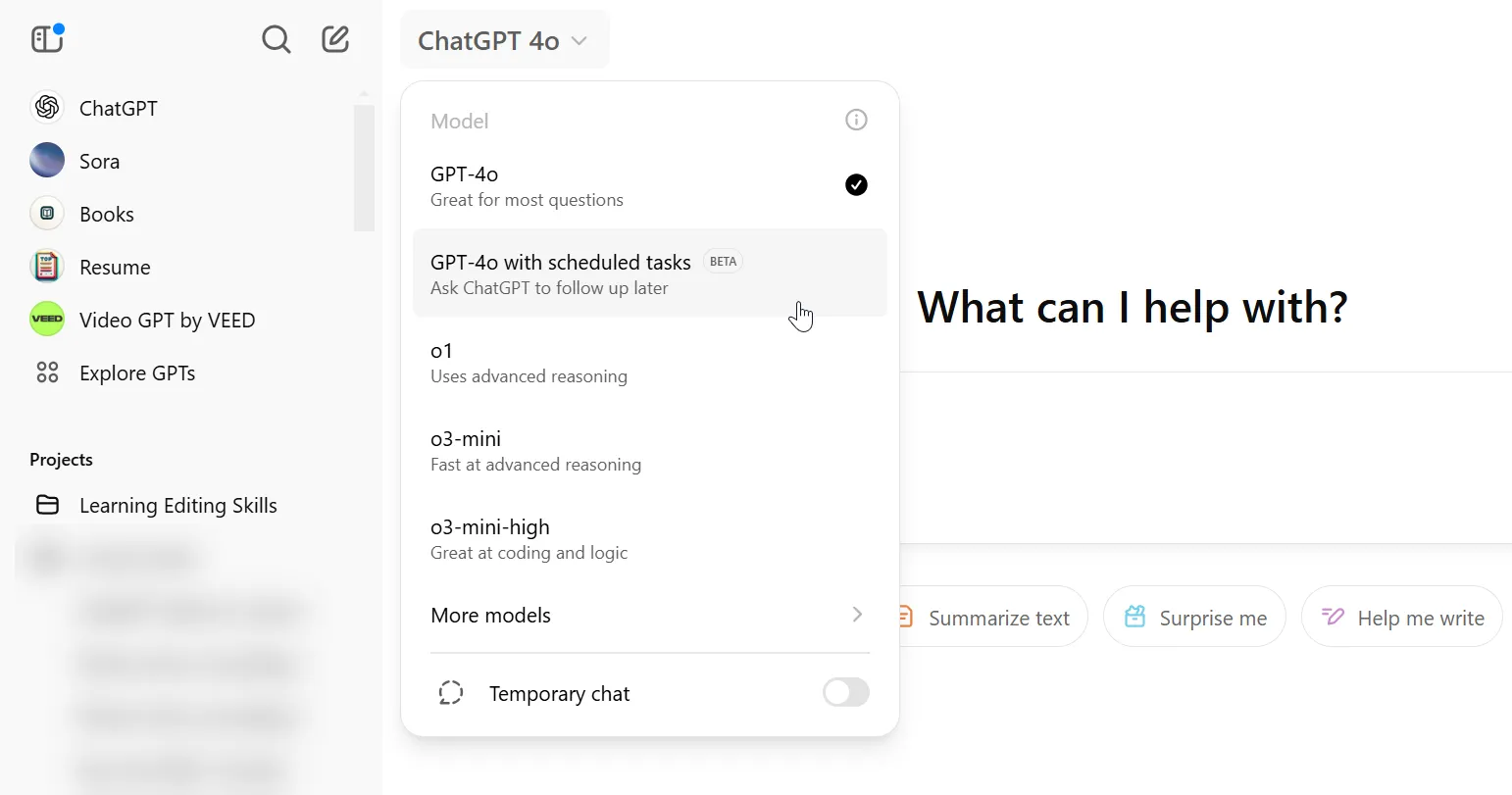 Giao diện tính năng ChatGPT Tasks trên ChatGPT cho phép người dùng lên lịch và quản lý công việc trực tiếp