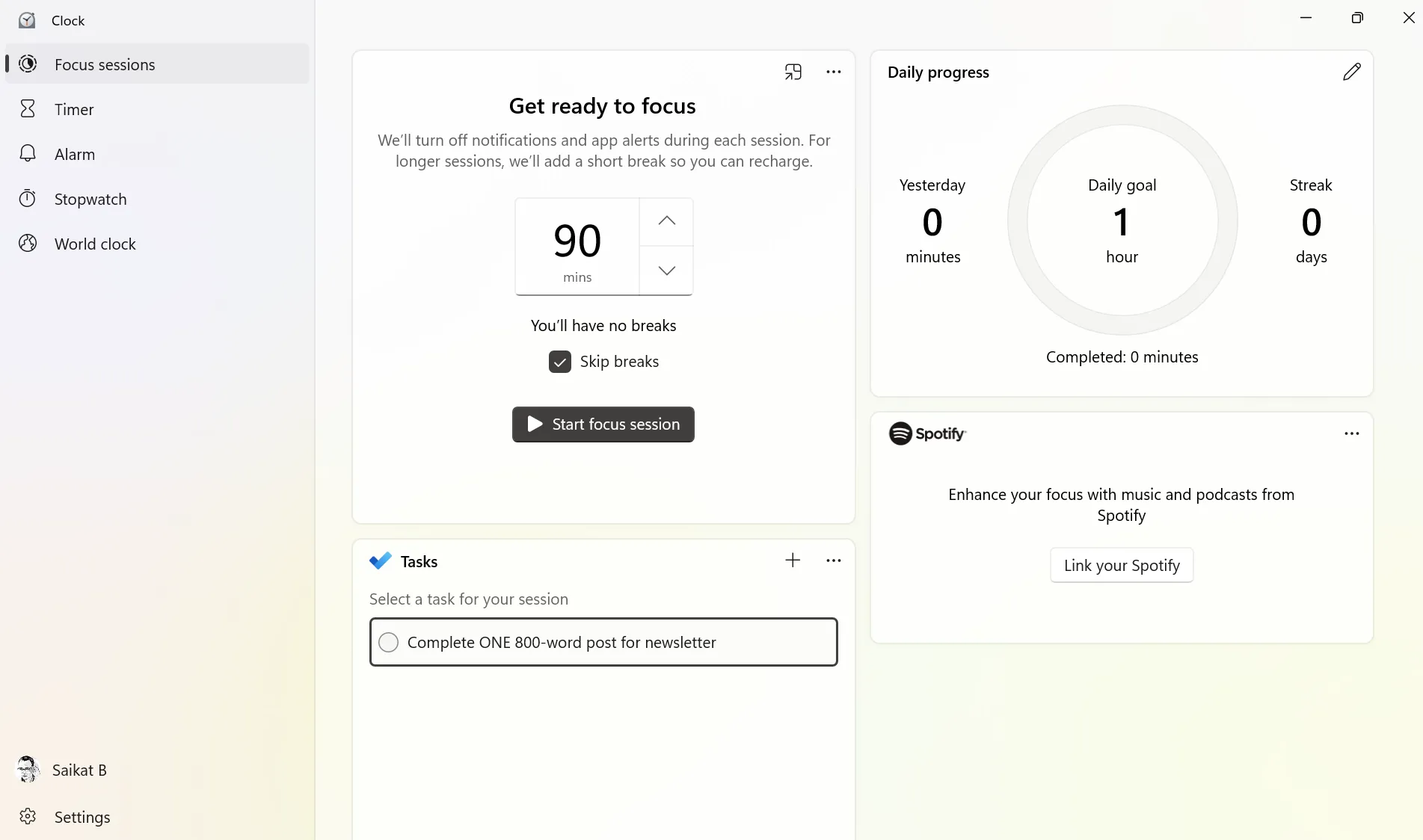 Giao diện tính năng Focus Session trên Windows giúp tăng cường sự tập trung
