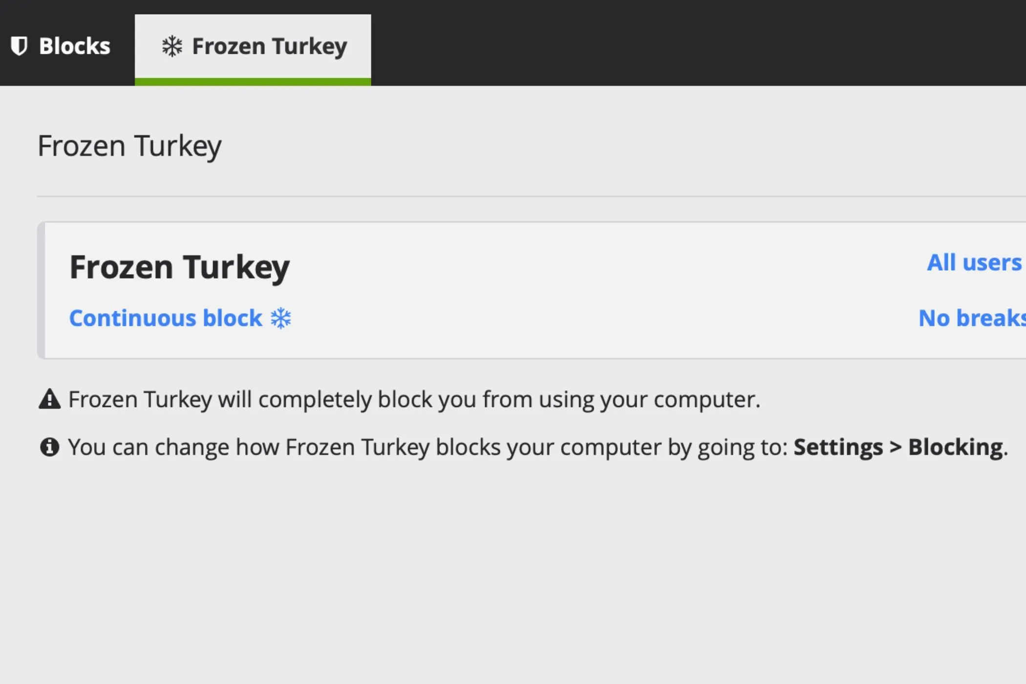 Giao diện tính năng Frozen Turkey của ứng dụng Cold Turkey cho phép chặn truy cập web vĩnh viễn