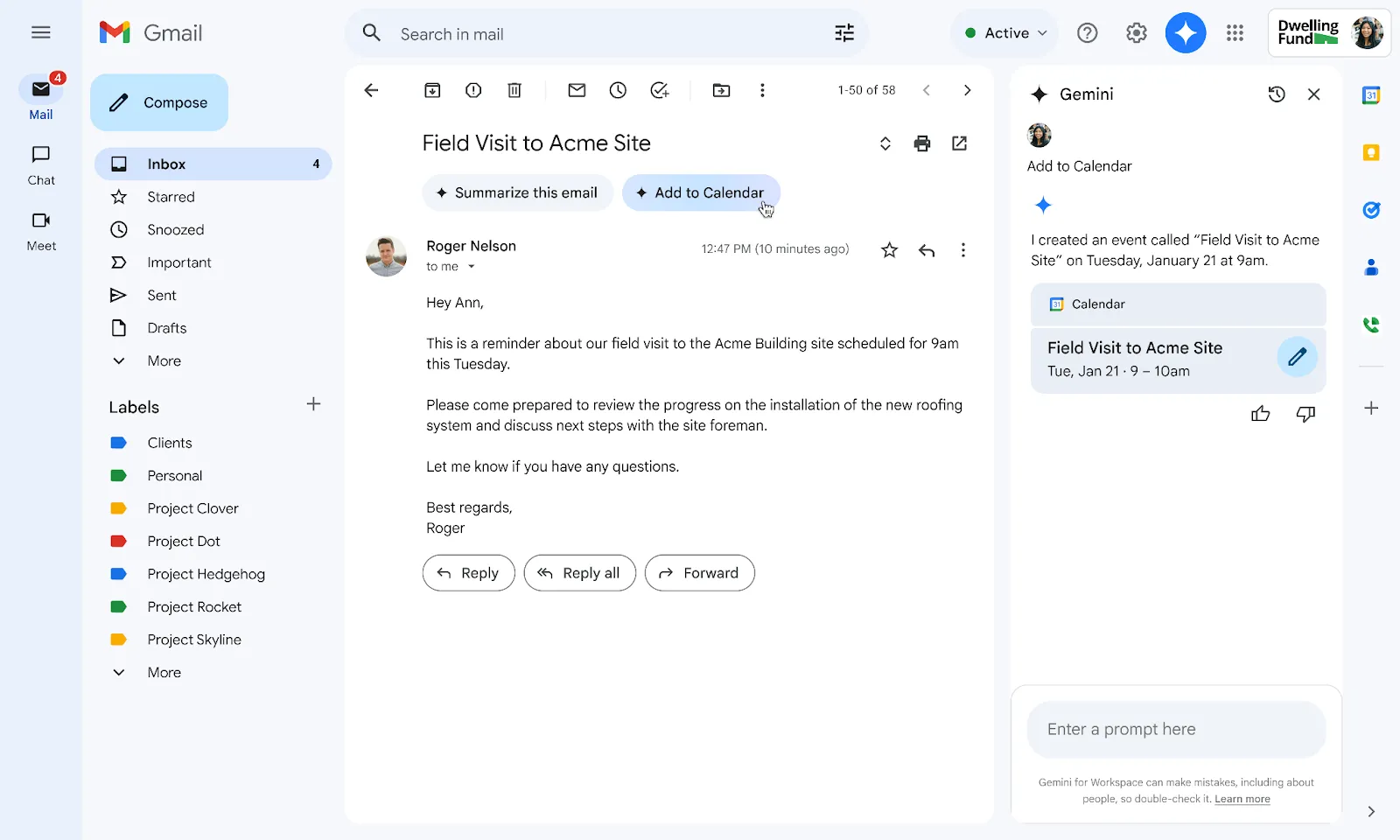 Giao diện tính năng Thêm vào lịch của Gemini trong Gmail hiển thị sự kiện Google Calendar trên thanh bên