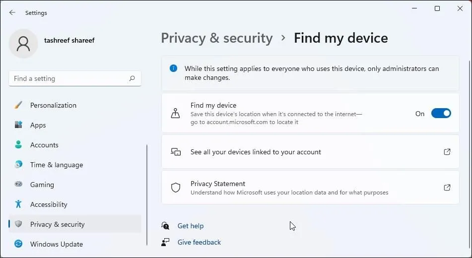 Giao diện tính năng &quot;Tìm thiết bị của tôi&quot; trên Windows 11, minh họa khả năng định vị và bảo mật laptop bị mất.