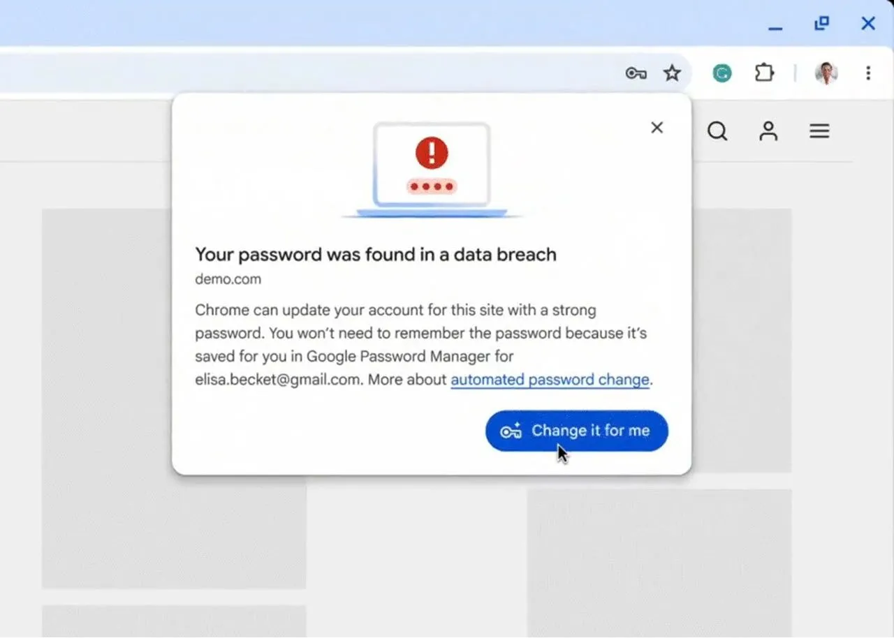 Giao diện tính năng tự động thay đổi mật khẩu yếu trong Google Chrome