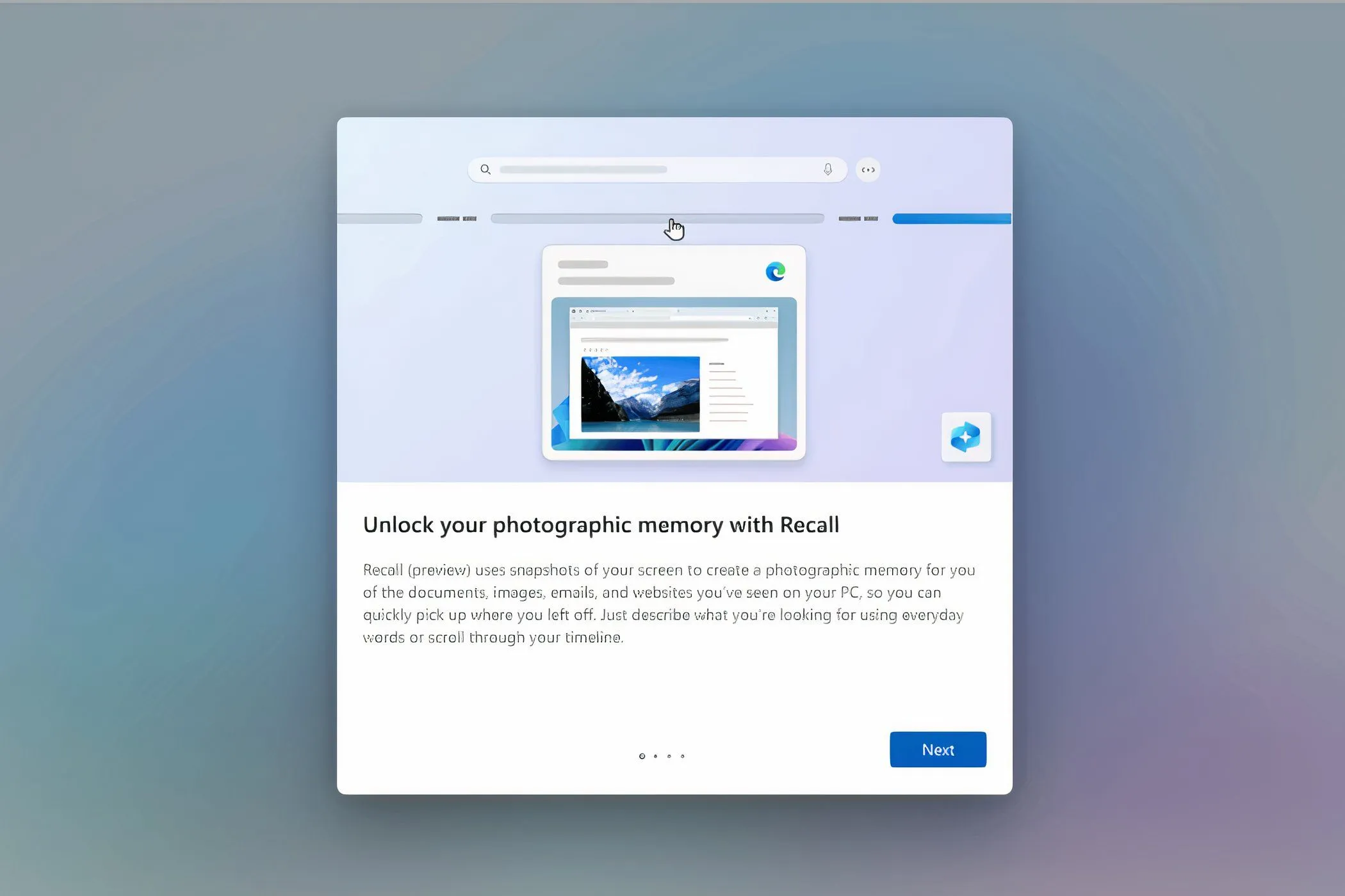 Giao diện tính năng Windows Recall trên Windows 11, hiển thị khả năng tìm kiếm thông tin dựa trên ảnh chụp màn hình lịch sử hoạt động.