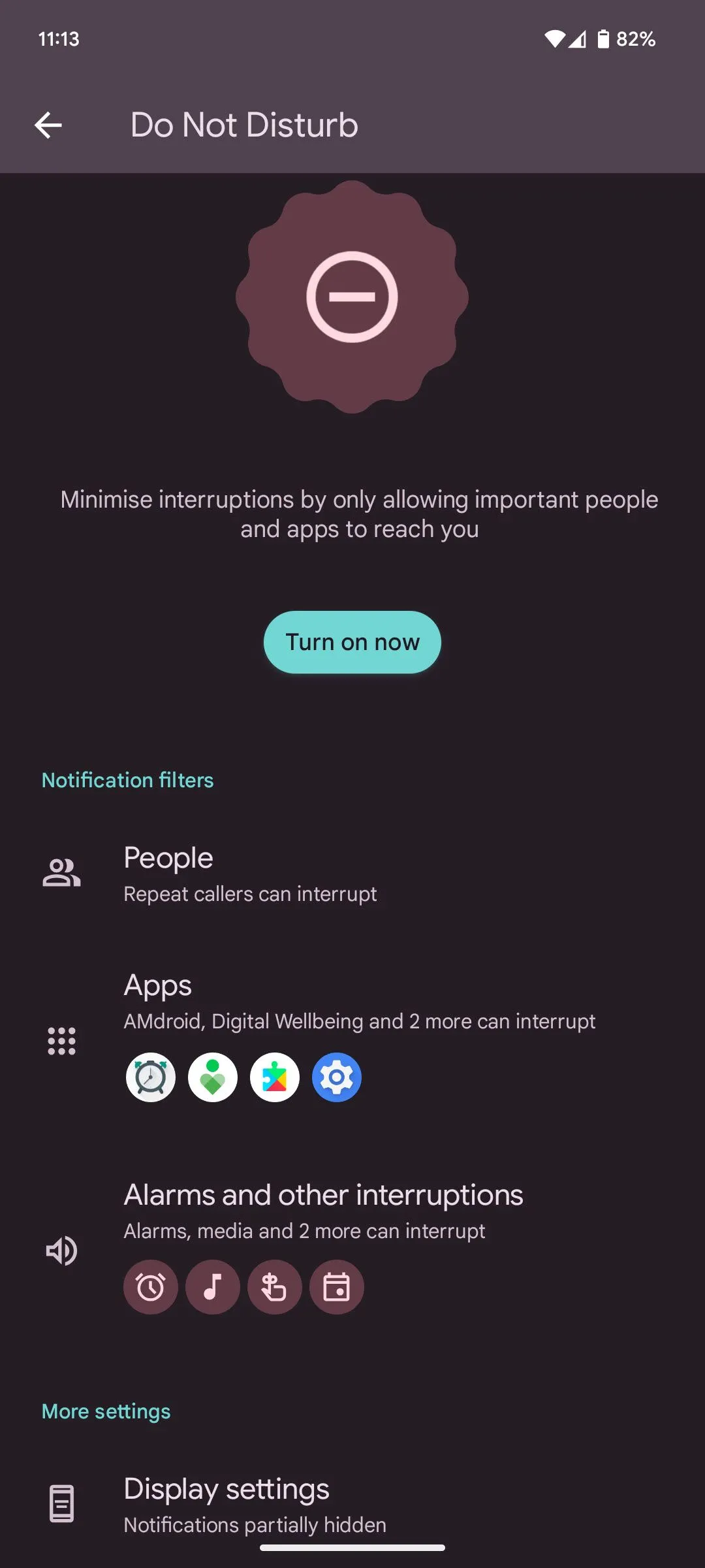 Giao diện trang cài đặt tổng quan của tính năng Modes trên điện thoại Pixel.