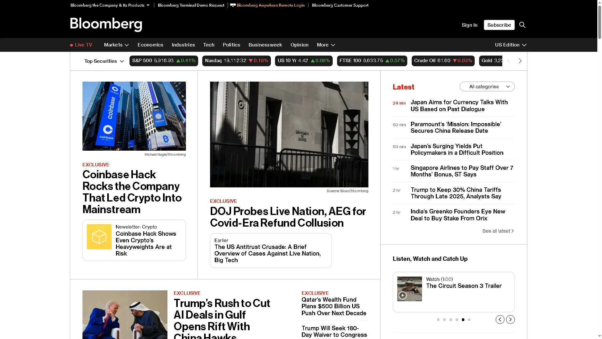 Giao diện trang chủ Bloomberg.com, website của tập đoàn thông tin tài chính lớn