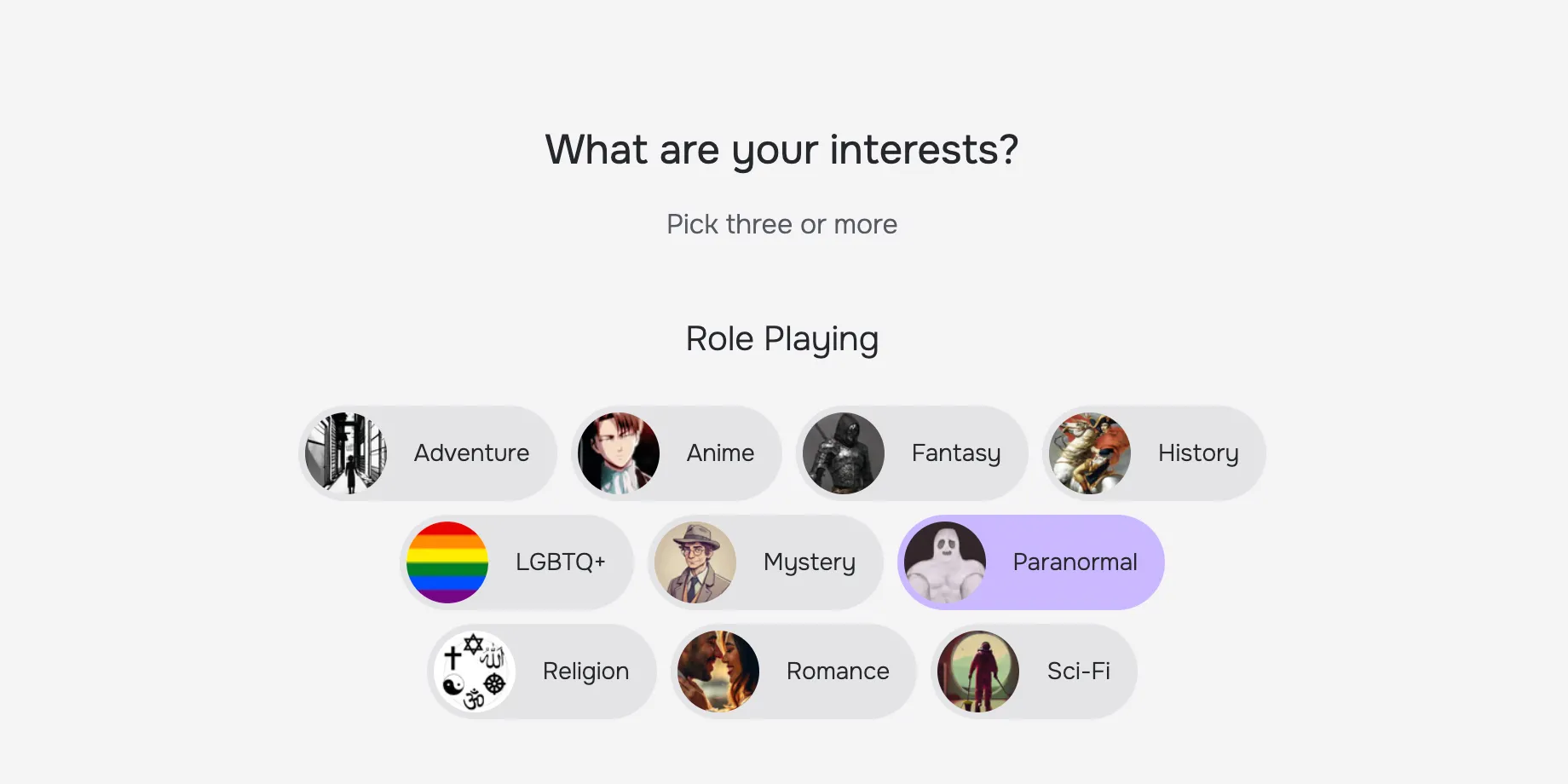 Giao diện trang chủ Character.AI hiển thị lựa chọn sở thích người dùng