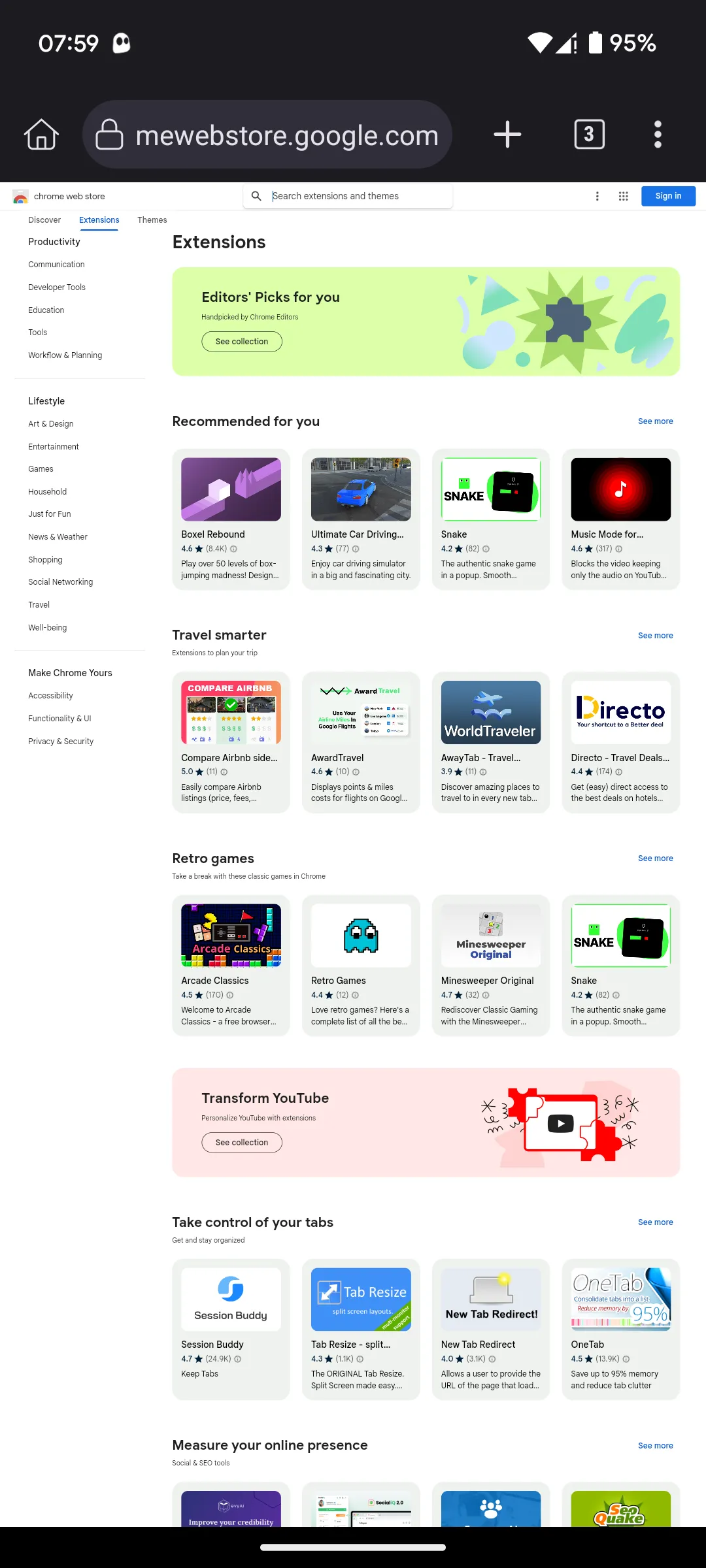 Giao diện trang chủ Chrome Web Store hiển thị trong trình duyệt Kiwi Browser