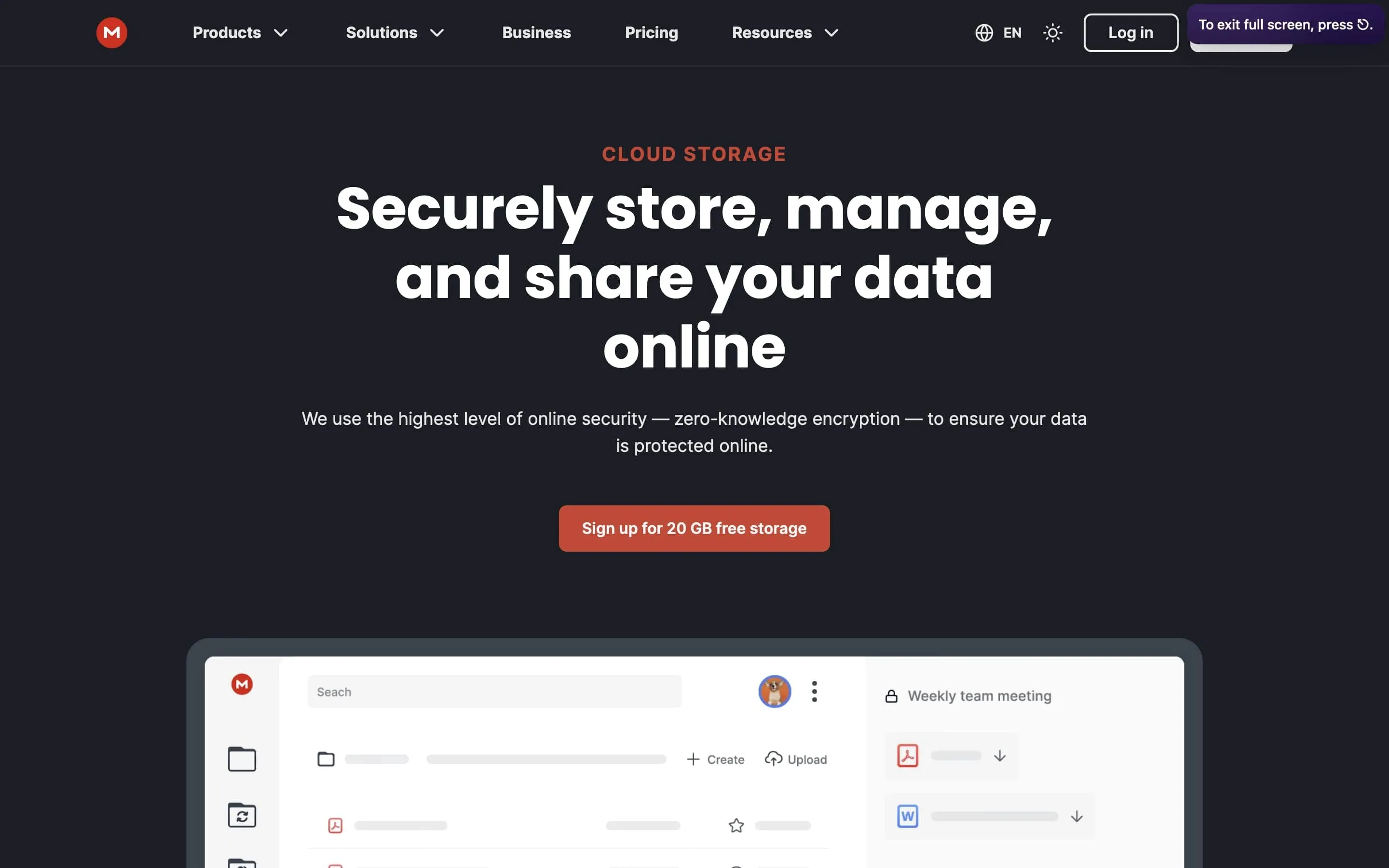 Giao diện trang chủ Mega Cloud Storage với thiết kế hiện đại và thông tin nổi bật về quyền riêng tư
