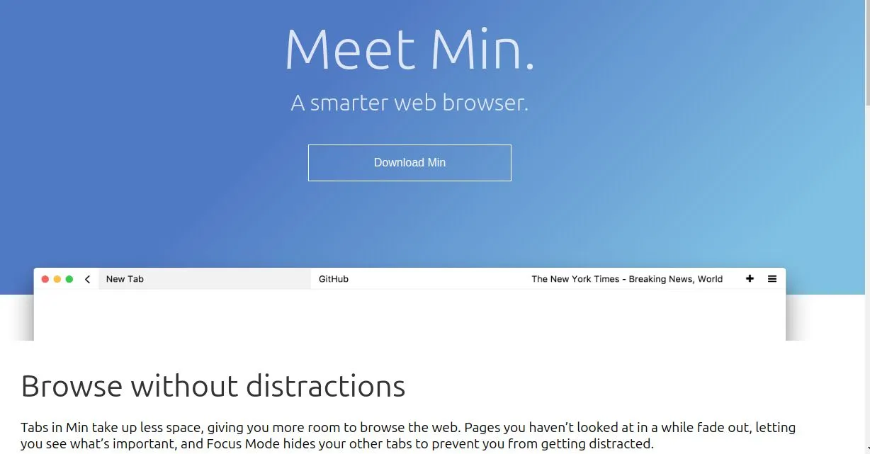 Giao diện trang chủ trình duyệt Min Browser đơn giản và tập trung
