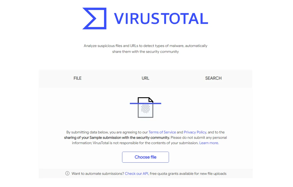 Giao diện trang chủ VirusTotal, công cụ quét virus trực tuyến đáng tin cậy.