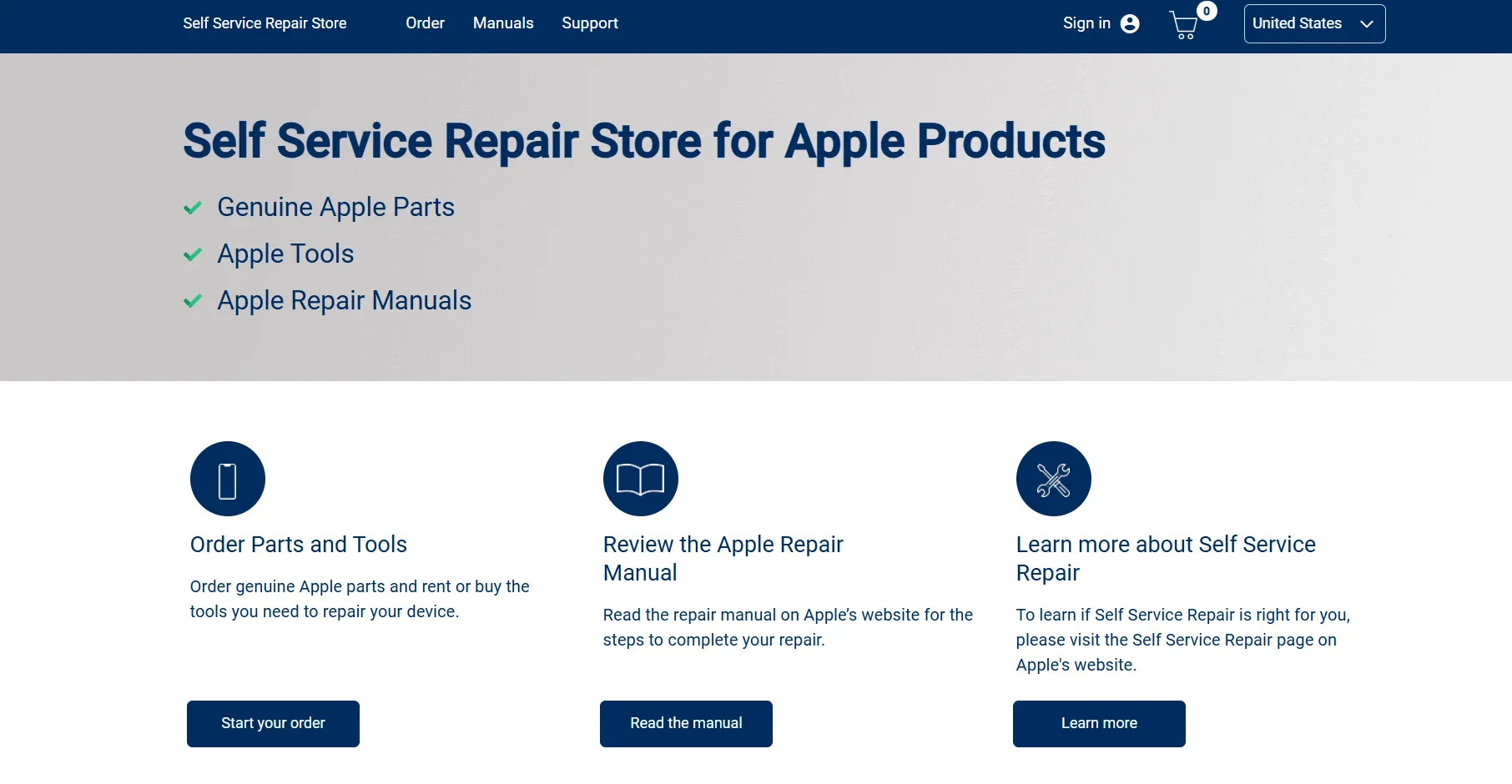 Giao diện trang web Self-Service Repair của Apple, hiển thị các lựa chọn linh kiện và công cụ chính hãng