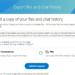 Giao diện trang xuất dữ liệu Skype hiển thị các tùy chọn sao lưu lịch sử chat và tệp tin