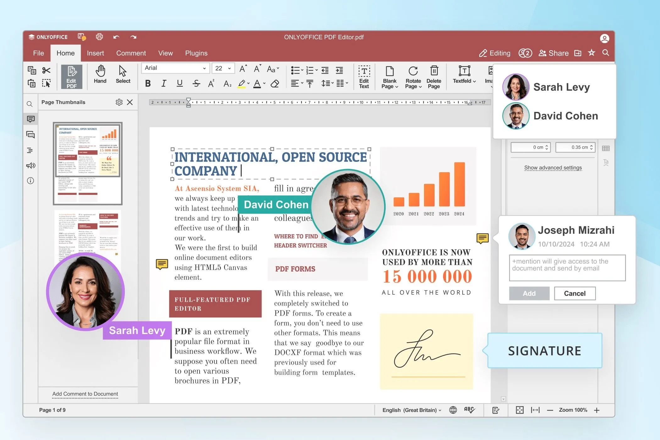 Giao diện trình chỉnh sửa PDF của OnlyOffice, hiển thị khả năng tương thích với định dạng Office